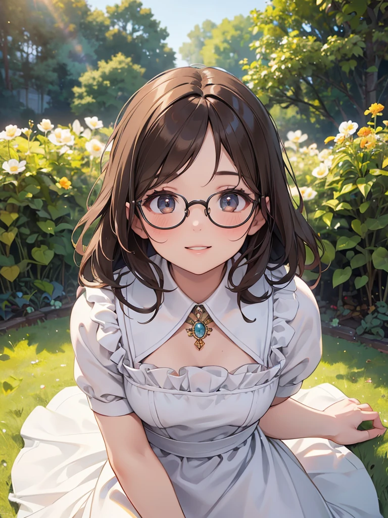 ultra-detailliert, Best Quality, High resolution, ((A petite, black-haired, cute girl with a big face looks up.))、Pretty eyes、Detailed eye depiction、Eye sparkle、Sareme、Looking at Viewer, pale skin、(((Petite))), (Naked Wedding Dresses)、(flat chest), (big glasses), (blush:1.2), (big eye:1.5), Shy smile, Under the cherry tree, Focus on the face, Long hair with braids, ((Super close-up of the face))、(((from above)))