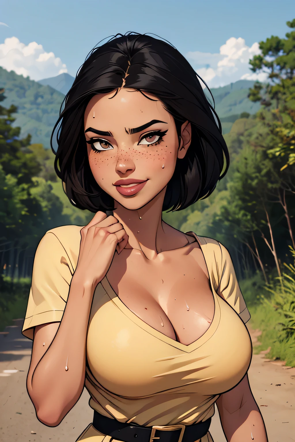 SFW, uploaded on e621, by Pixelsketcher, by Bayard Wu, by Thomas Benjamin Kennington , by Einshelm, solo anthro, ((face portrait)), BREAK, ((wavy soft hair)), ((small lips)), ((mini under boob tee, short skirt)), natural park, ((, showing belly button)), (detailed Bonifasko lighting), (detailed skin), (detailed deep ebony skin), (dark skin, ebony, deep ebony), (her own arm holding her own head), BREAK, ((small lips)), ((wavy soft hair)), ((mini under boob tee, short skirt)), ((natural park)), ((facing viewer)), (cinematic lighting), ((detailed background)), ((face portrait view)), (((portrait view))), (half body shadow), [backlighting], [crepuscular ray], [detailed ambient light], [gray natural lighting], [ambient light], (higher detail), [explict content], [sharp focus], (questionable content), (shaded), ((masterpiece), her own arms holding her own head, medium breasts, Latin woman, Commission for High Res, Mexican Art, Art,Sakimichan beautiful, masterpiece, medium breasts, best quality, detailed image, bright colors, detailed face, perfect lighting, perfect shadows, perfect eyes, girl focus, eyes, flawless face, medium breasts, face focus, sexy mouth, gaze at the viewer, eyes, 1woman, solo, (masterpiece), (best quality), (illustration), (cinematic lighting), balanced coloring, global illumination, ray tracing, good lighting, showing breasts, cleavage, looking at viewer, seductive look, SFW