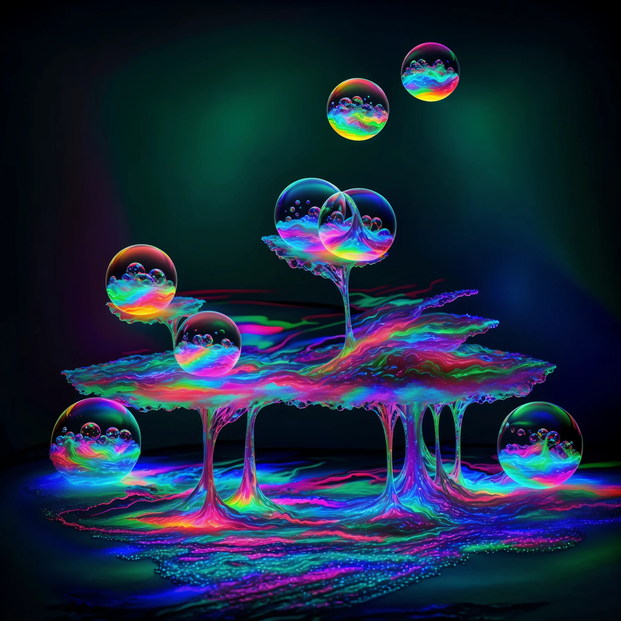 Psilocybin, DMT imagery. octane render, psychedelic droplets of water, abstract liquid.Creepy. Octane render, black 3d fluid simulation, ethereal bubbles, swirling liquids, and highly detailed, octane render, reflective bubbles, twisted colors inside of glass spheres. Surrealism. A psilocybin dream inside an amazing image of shimmering glass morphing out of colors, bright neon and fluorescent colors,very bright, vibrant colors, perfectly formed and symmetrical reflective bubbles and spheres, attention to detail with these beautiful bubbles and spheres, Extreme Hallucinations in a gorgeous piece of psychedelic digital artwork, Stunning, tripped out colors, 4d mandelbulb psychedelics, glass like psychedelic landscape, intricate psychedelic underwater brightness and glowing colors twist inside of translucent glass spheres and bubbles with light and color reflecting off of both in bright fluorescent colors, psychedelic trip, fluorescent and neon aesthetic, psychedelic vibrant colors, bright psychedelic paint splattered backgrounds,swirling spirals and vortex, bright vibrant colors popping out from 3d glass spheres, Rotational Symmetry,, Portrait photography, Surrealism, Photorealistic, Hyperdetailed, Glass Morphism, Digital Art, Sparkle, Optical Illusion, Glowing Light, Reflective Light, Overexposure, Backlighting, Spheres and bubbles show perfect Symmetry, UHD, High Details, High Quality, Super Detailed, Full Focus, Awe inspiring, Shockingly unique wallpaper art, Breathtaking, Indescribably Beautiful, Heaven sent images, Best Quality, Award Winning, Masterpiece!