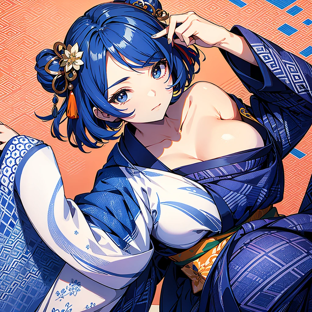 best quality, masterpiece, highres, solo, {yukata:1.40}, {kimono:1.20}, {yelan_genshin:1.15}, bangs, blue_hair, short_hair, green_eyes, breasts, jewelry, diagonal_bangs, large_breasts, bob_cut, earrings, black_hair, smile, cleavage, mole, multicolored_hair, dice, parted_lips, mole_on_breast, armpits, upper_body