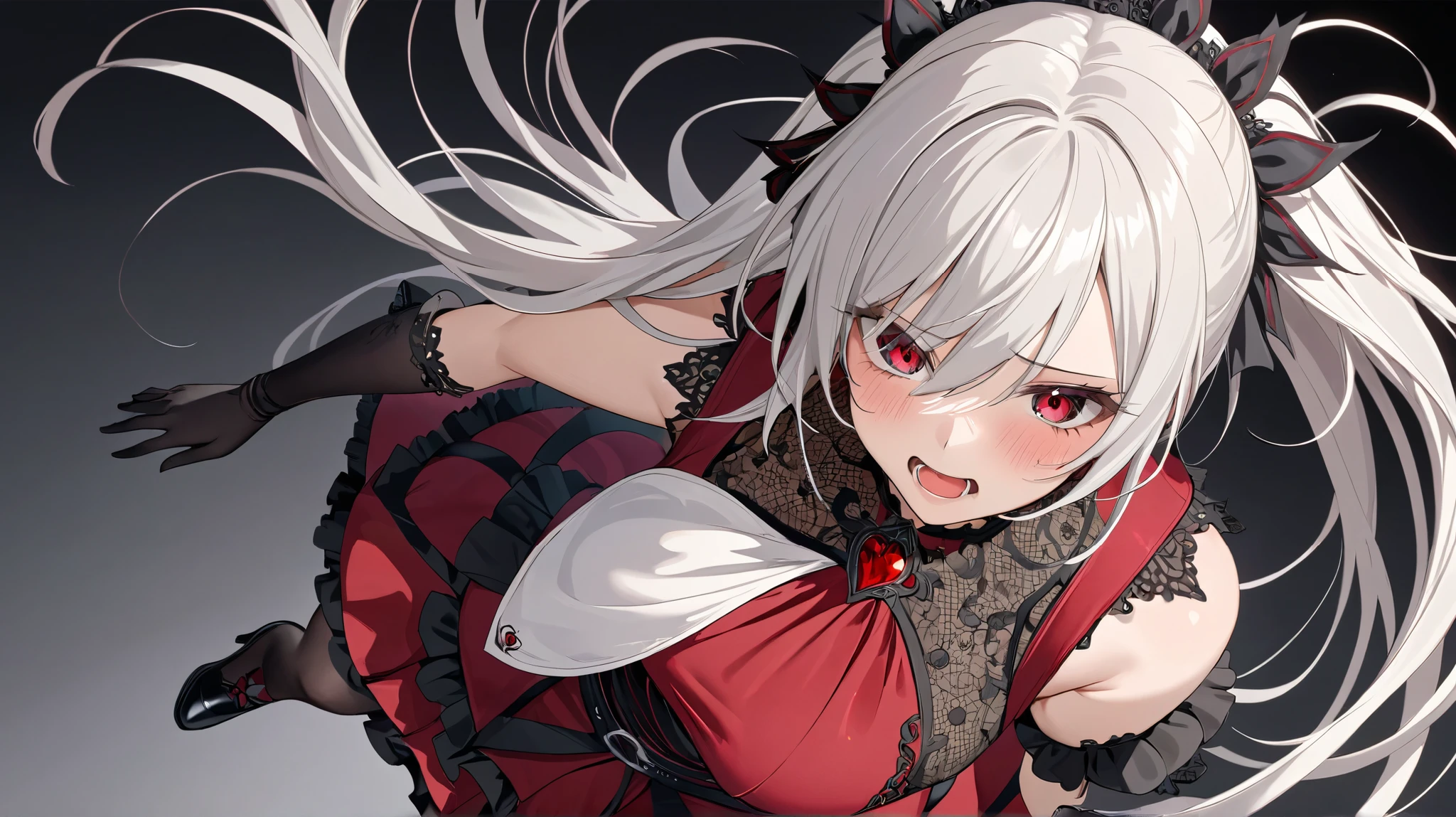 (Best Quality,  masterpiece,  super precise, Hi-Res), 8k,  Anatomically Accurate Body , Nightcore, red dress,  Gothic Maiden anime girl , White-haired goddess, beautiful charming anime woman, simple background, facing the front,  from above, beautiful face, perfect face, 非常に詳細なbeautiful faceと目, charming face, detailed face, a long time, Panic look, Nervous
