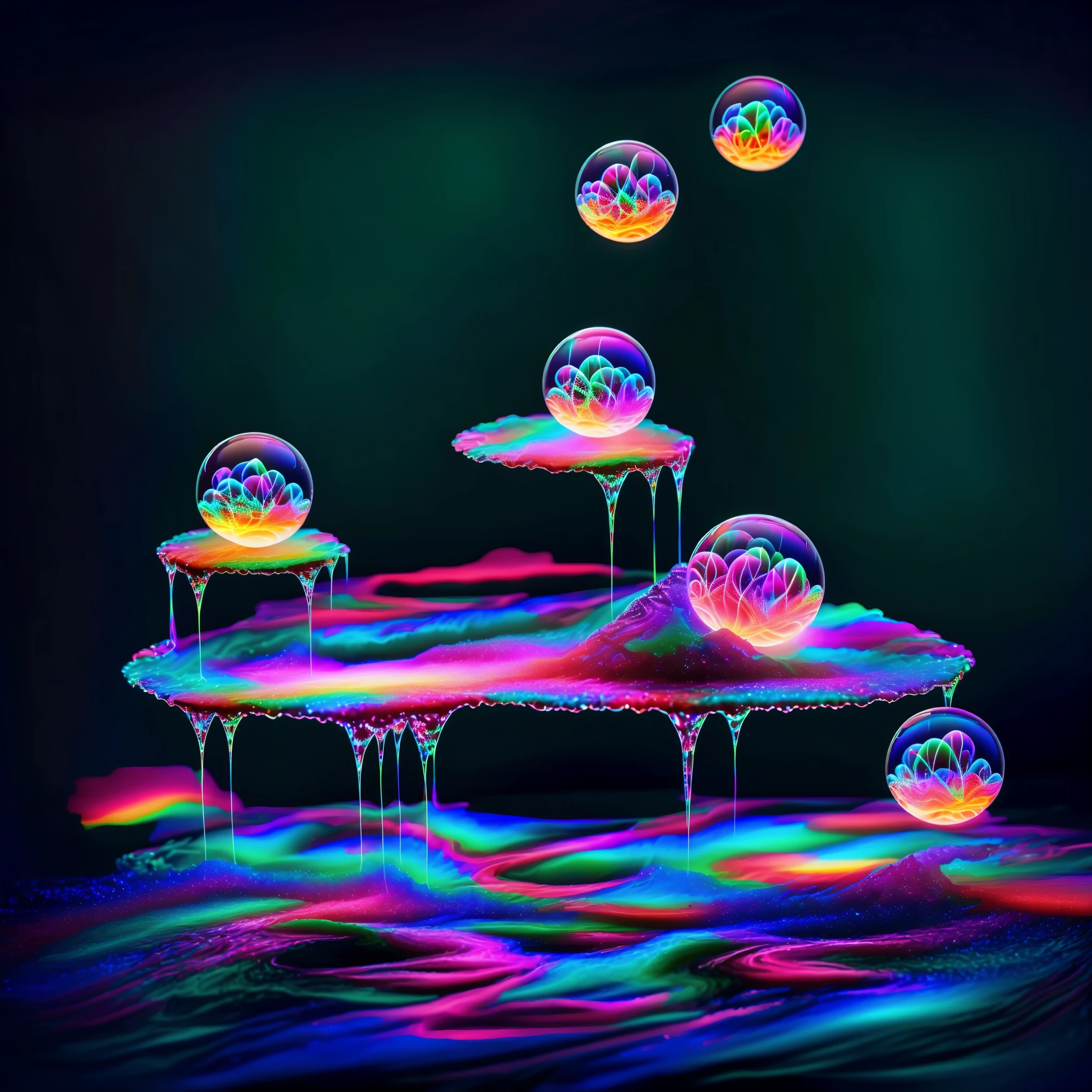 Psilocybin, DMT imagery. octane render, psychedelic droplets of water, abstract liquid.Creepy. Octane render, black 3d fluid simulation, ethereal bubbles, swirling liquids, and highly detailed, octane render, reflective bubbles, twisted colors inside of glass spheres. Surrealism. A psilocybin dream inside an amazing image of shimmering glass morphing out of colors, bright neon and fluorescent colors,very bright, vibrant colors, perfectly formed and symmetrical reflective bubbles and spheres, attention to detail with these beautiful bubbles and spheres, Extreme Hallucinations in a gorgeous piece of psychedelic digital artwork, Stunning, tripped out colors, 4d mandelbulb psychedelics, glass like psychedelic landscape, intricate psychedelic underwater brightness and glowing colors twist inside of translucent glass spheres and bubbles with light and color reflecting off of both in bright fluorescent colors, psychedelic trip, fluorescent and neon aesthetic, psychedelic vibrant colors, bright psychedelic paint splattered backgrounds,swirling spirals and vortex, bright vibrant colors popping out from 3d glass spheres, Rotational Symmetry,, Portrait photography, Surrealism, Photorealistic, Hyperdetailed, Glass Morphism, Digital Art, Sparkle, Optical Illusion, Glowing Light, Reflective Light, Overexposure, Backlighting, Spheres and bubbles show perfect Symmetry, UHD, High Details, High Quality, Super Detailed, Full Focus, Awe inspiring, Shockingly unique wallpaper art, Breathtaking, Indescribably Beautiful, Heaven sent images, Best Quality, Award Winning, Masterpiece!