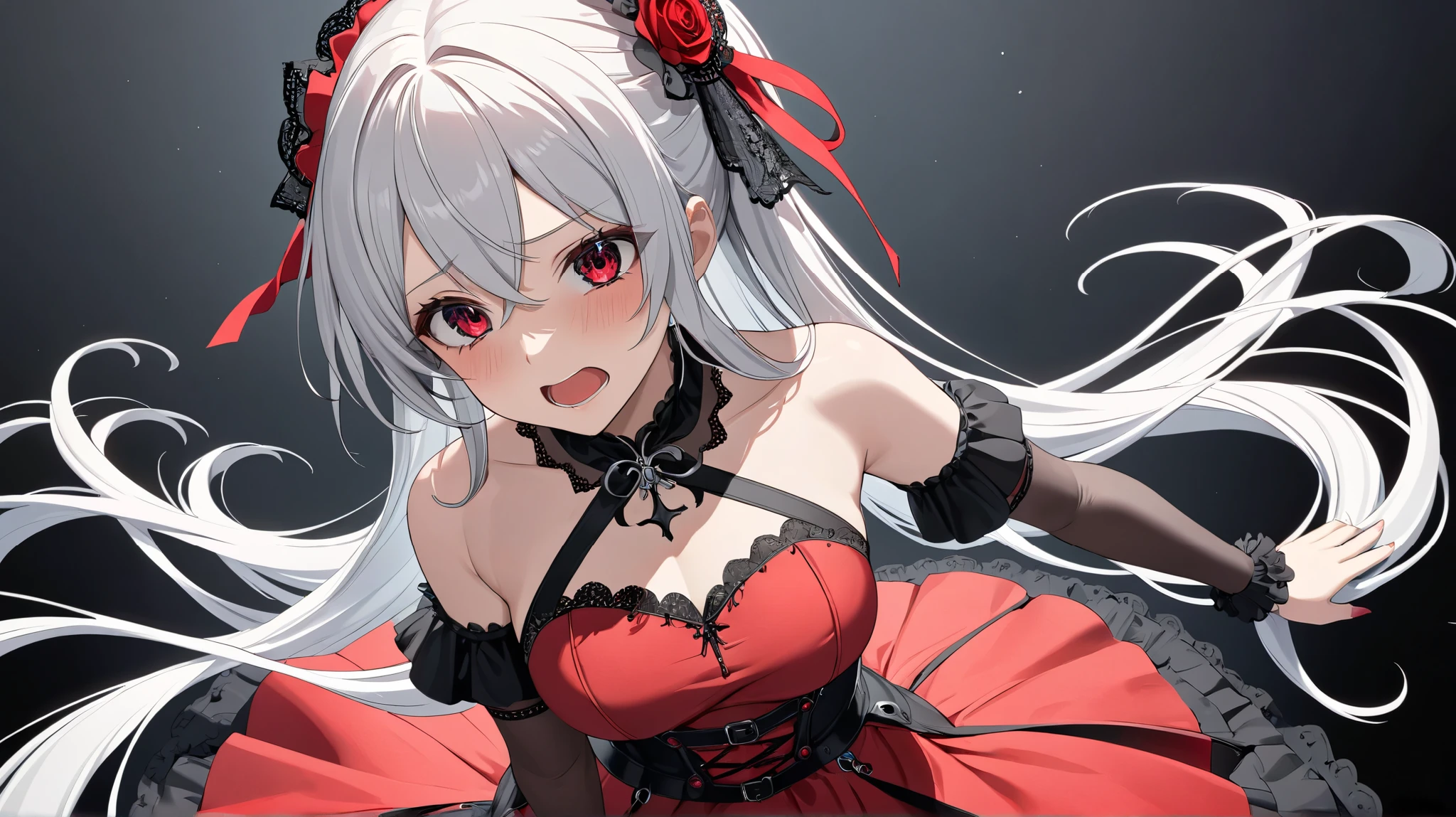 (Best Quality, masterpiece, super precise, Hi-Res), 8k, Anatomically Accurate Body , Nightcore, red dress, Gothic Maiden anime girl , White-haired goddess, beautiful charming anime woman, simple background, facing the front, from above, beautiful face, perfect face, 非常に詳細なbeautiful faceと目, charming face, detailed face, a long time, Panic look, Nervous