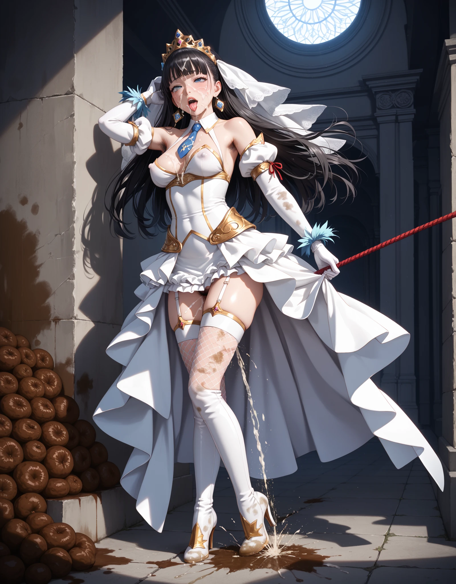 (Highly detailed CG unity 8k), (highest quality),(very detailed),(ultra high resolution), 1 female, (white cloth gag:1.4), rope bondage, breasts rope bondage, hands back rope bondage, thigh rope bondage, bust rope bondage, feet rope bondage, Arms behind the waist, ankles rope bondage, (knee rope bondage:1.4), Black Hair, (wedding dress in pure white:1.3), (White long wedding veil:1.3), Wedding Tiara, (white stockings:1.4), (White garter belt), teary eyes, church, altar, standing pose, (Skirt length to the floor:1.3), (White high heels:1.4), tall,