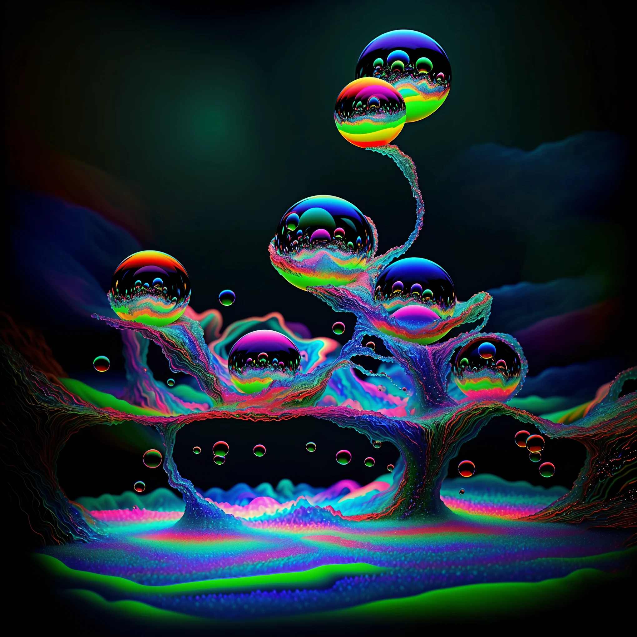 Psilocybin, DMT imagery. octane render, psychedelic droplets of water, abstract liquid.Creepy. Octane render, black 3d fluid simulation, ethereal bubbles, swirling liquids, and highly detailed, octane render, reflective bubbles, twisted colors inside of glass spheres. Surrealism. A psilocybin dream inside an amazing image of shimmering glass morphing out of colors, bright neon and fluorescent colors,very bright, vibrant colors, perfectly formed and symmetrical reflective bubbles and spheres, attention to detail with these beautiful bubbles and spheres, Extreme Hallucinations in a gorgeous piece of psychedelic digital artwork, Stunning, tripped out colors, 4d mandelbulb psychedelics, glass like psychedelic landscape, intricate psychedelic underwater brightness and glowing colors twist inside of translucent glass spheres and bubbles with light and color reflecting off of both in bright fluorescent colors, psychedelic trip, fluorescent and neon aesthetic, psychedelic vibrant colors, bright psychedelic paint splattered backgrounds,swirling spirals and vortex, bright vibrant colors popping out from 3d glass spheres, Rotational Symmetry,, Portrait photography, Surrealism, Photorealistic, Hyperdetailed, Glass Morphism, Digital Art, Sparkle, Optical Illusion, Glowing Light, Reflective Light, Overexposure, Backlighting, Spheres and bubbles show perfect Symmetry, UHD, High Details, High Quality, Super Detailed, Full Focus, Awe inspiring, Shockingly unique wallpaper art, Breathtaking, Indescribably Beautiful, Heaven sent images, Best Quality, Award Winning, Masterpiece!