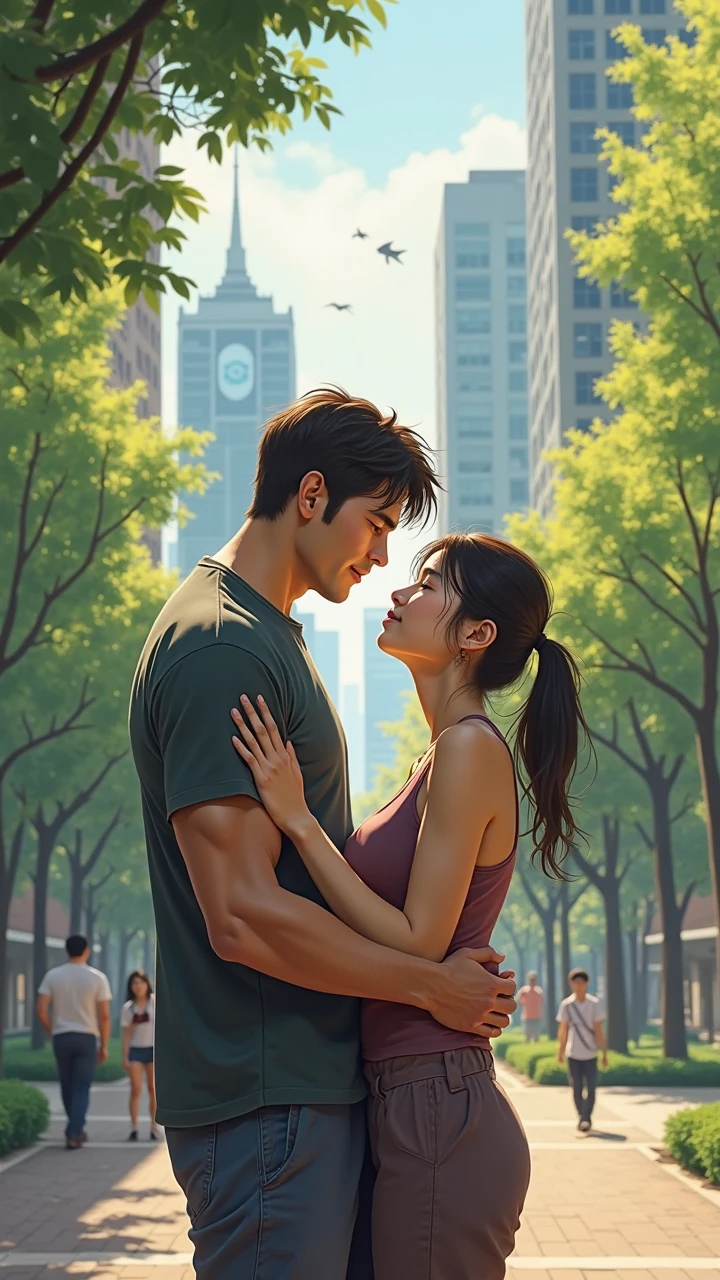 Korean idols with ripped abs are seen shirtless hugging a grandma in a park surrounded by people.