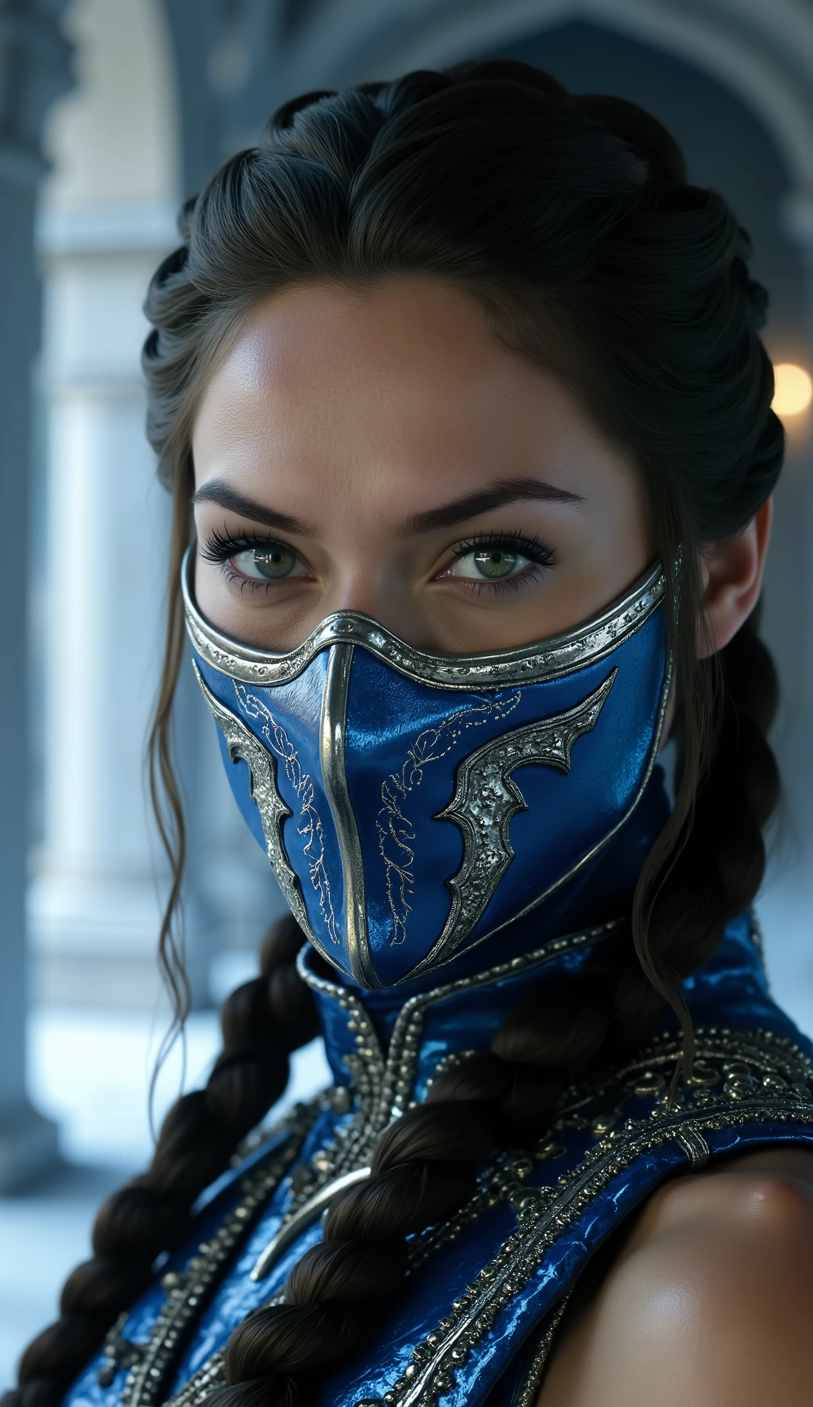 Here's a prompt detailed to generate a super realistic image of Alexandra Daddario as Kitana, with a shiny metal mask and details blue, focused on the upper body: "Hyper-realistic Close-up of Alexandra Daddario as Kitana, the warrior of * mortal kombat*. She is in a graceful and powerful pose, with a calm expression, But determined. Kitana wears her iconic blue and shiny silver costume, with metallic details that reflect light in an impressive way. Her metal mask,  that covers part of the face ,  is highly detailed , with brilliant blue tones and intricate patterns that match your outfit. The focus is on the face and upper body,  highlighting the skin texture , the metallic reflections of the mask and the details of the suit.  The lighting is soft and dramatic , with bluish tones and delicate contrasts between light and shade,  creating a cinematic effect . The background is a realistic and epic scenario, with cold lights, soft mist and elements of an oriental palace, like marble columns and flowing fabrics, adding a sublime and enveloping atmosphere." This prompt should guarantee an incredibly realistic and detailed image, focused on the upper body da Alexandra Daddario como Kitana, with a shiny metal mask and details blue, against a striking background!
