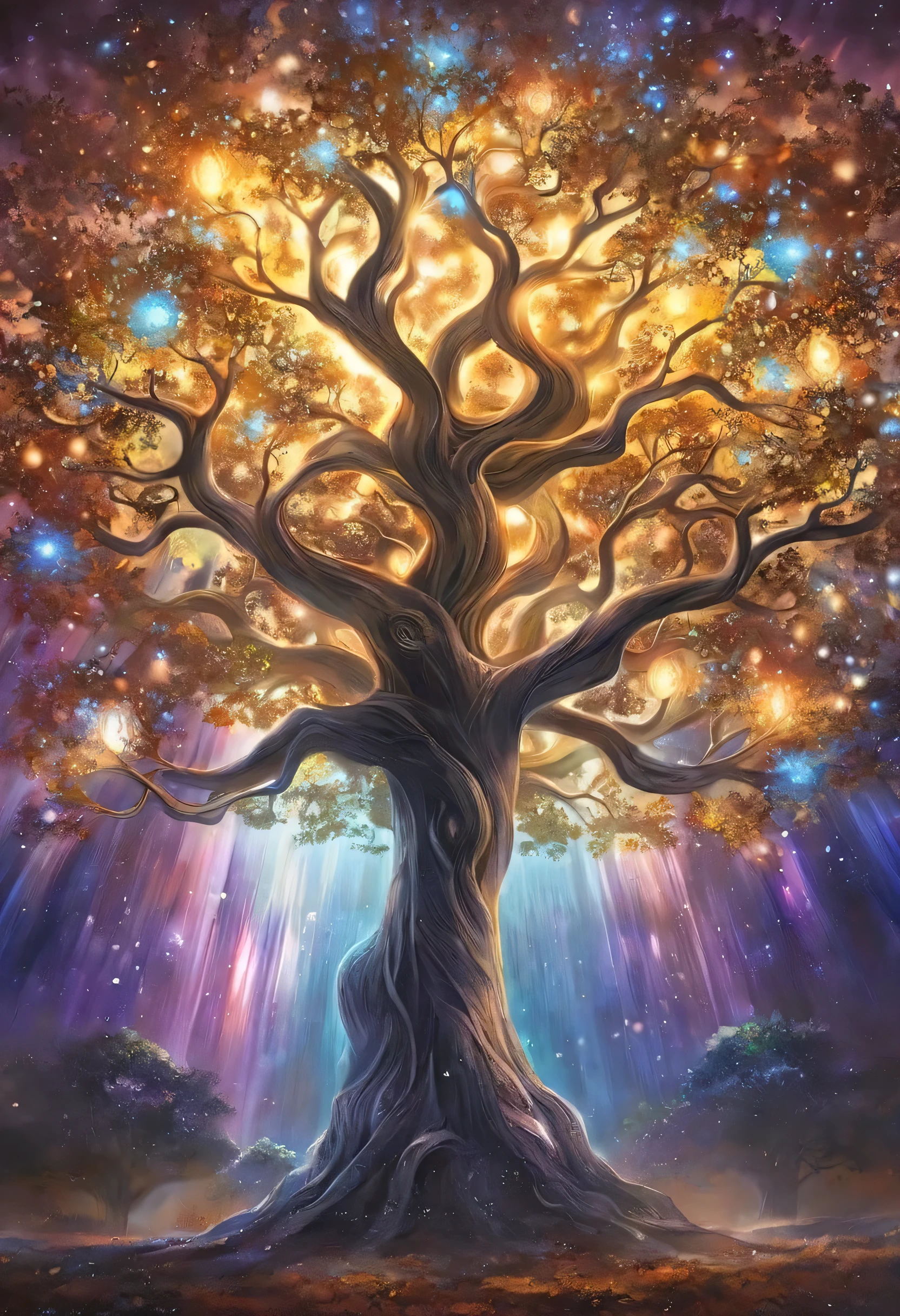 concept art by。Tree painting with lots of light , Derek Zablocki , shutterstock, magical reality, Magic Tree, Magic Tree, Space Tree of life, the Tree of Life, the world tree, Tree of Life seed of doubt, Tree of Life, large Magic Trees, Fantasy Tree, Space Tree, world tree, a golden sacred tree