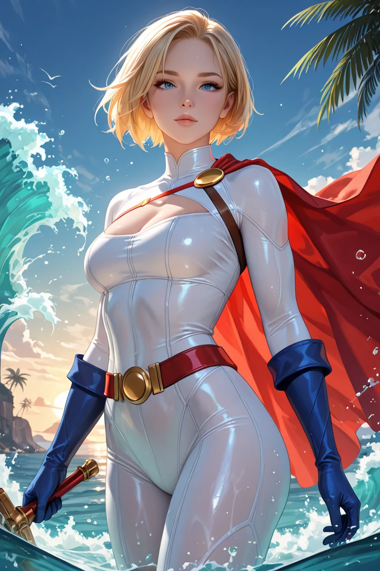 best quality, master part, (Realistic: 1.2), photo-realistic, From DC's powerful heroine, (((cabelo loiro, com cabelo curto))) Powerful dress with a white collar flying in the water wave of a lake, Peito para a frente, boca aberta