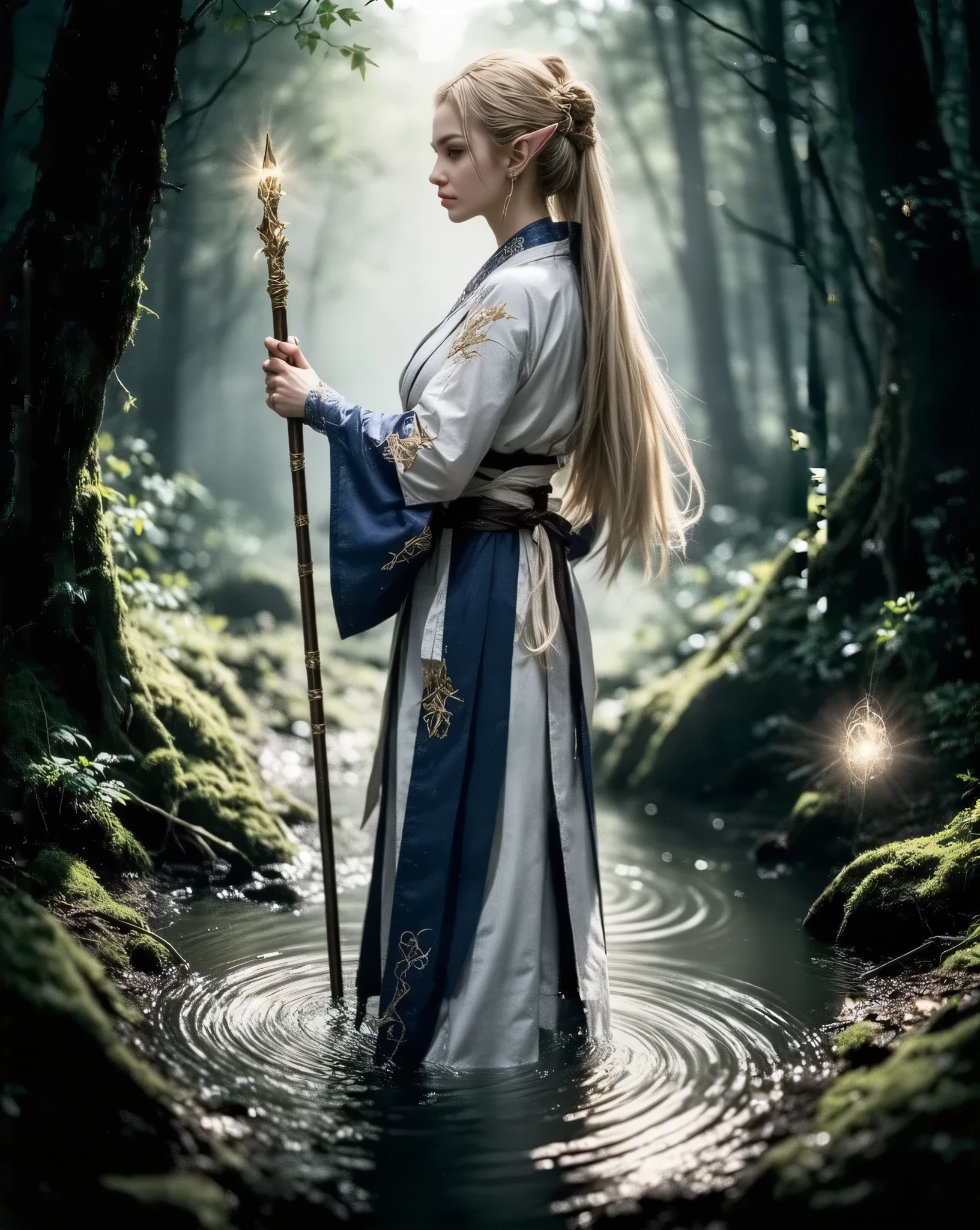 Frieren, from Sōsō no Frieren, tall and slender with a delicate elven build, long pointed ears characteristic of her elven heritage, smooth pale skin, long platinum blonde hair flowing gently, tied in a loose low ponytail with soft strands framing her face, serene deep blue eyes radiating wisdom and introspection, wearing a regal yet practical dark blue mage robe adorned with subtle golden embroidery, white inner tunic and pants for functionality, a small golden brooch shaped like a leaf pinned to her chest, holding a simple but elegant staff with a faintly glowing gem at the top, standing in a mystical forest clearing, soft golden sunlight filtering through the trees, surrounded by glowing magical runes and gently swaying flowers, tranquil and timeless expression, high fantasy setting, ultra-detailed, masterpiece, anime art style, highres, vibrant colors