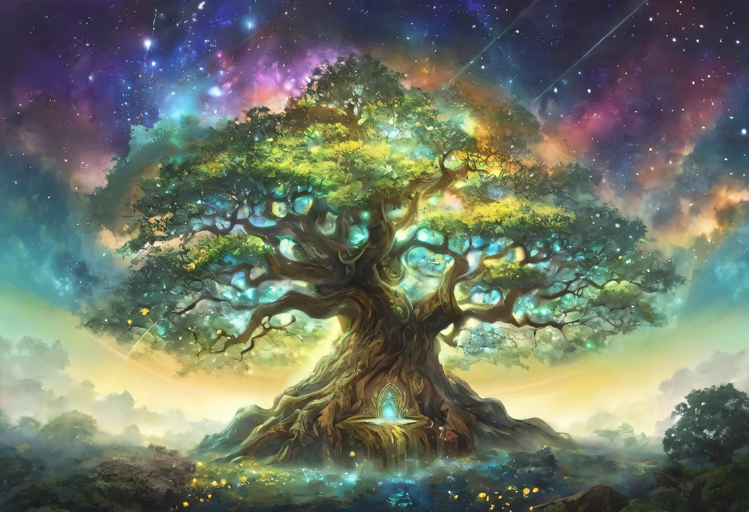 concept art by。Tree painting with lots of light , Derek Zablocki , shutterstock, magical reality, Magic Tree, Magic Tree, Space Tree of life, the Tree of Life, the world tree, Tree of Life seed of doubt, Tree of Life, large Magic Trees, Fantasy Tree, Space Tree, world tree, a golden sacred tree