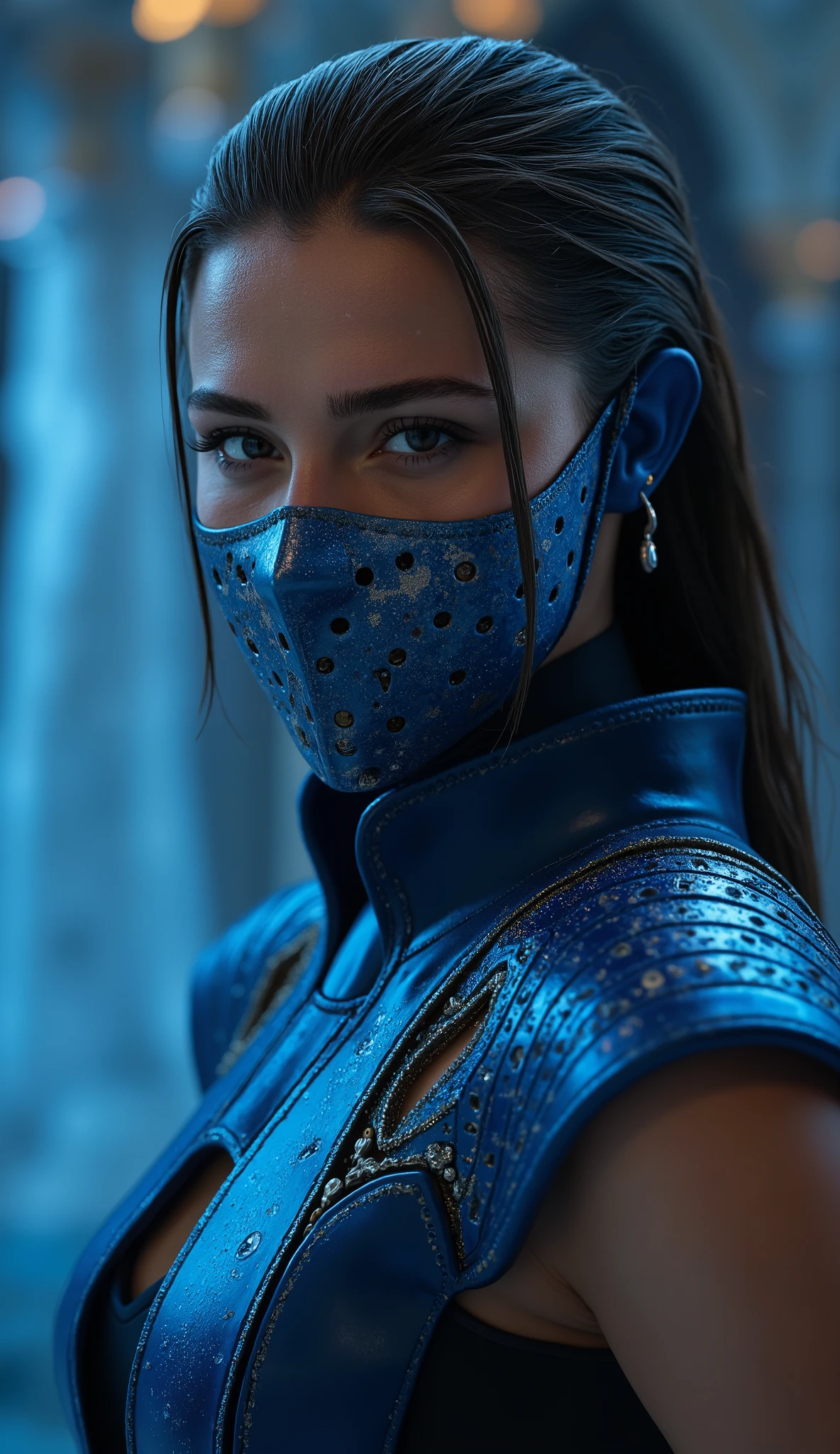 Here's a prompt detailed to generate a super realistic image of Alexandra Daddario as Kitana, with a shiny metal mask and details blue, focused on the upper body: "Hyper-realistic Close-up of Alexandra Daddario as Kitana, the warrior of * mortal kombat*. She is in a graceful and powerful pose, with a calm expression, But determined. Kitana wears her iconic blue and shiny silver costume, with metallic details that reflect light in an impressive way. Her metal mask, that covers part of the face , is highly detailed , with brilliant blue tones and intricate patterns that match your outfit. The focus is on the face and upper body, highlighting the skin texture , the metallic reflections of the mask and the details of the suit. The lighting is soft and dramatic , with bluish tones and delicate contrasts between light and shade, creating a cinematic effect . The background is a realistic and epic scenario, with cold lights, soft mist and elements of an oriental palace, like marble columns and flowing fabrics, adding a sublime and enveloping atmosphere." This prompt should guarantee an incredibly realistic and detailed image, focused on the upper body da Alexandra Daddario como Kitana, with a shiny metal mask and details blue, against a striking background!
