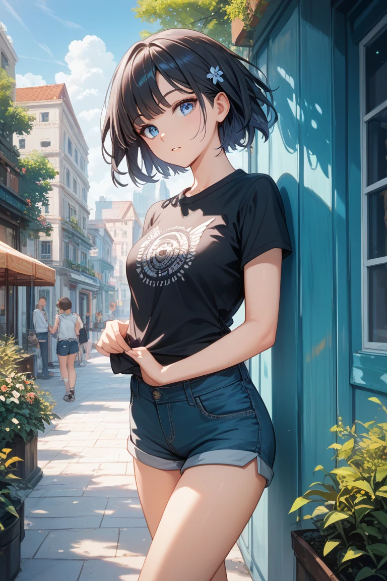 komachihikigaya, komachi hikigaya, short hair, Black Hair, hair ornaments, Ahoge, Hair Clip, x hair ornaments, (Purple eyes:1.1), tooth, happy smile, smile, Open your mouth, black tank top shirt,Locket Necklace,Skinny jeans,Stiletto heels,morning,morning陽,The sun is rising,Walking,whole bodyがイラストに入るように,
break outdoors, Building district,
break looking at viewer,whole body,
break (masterpiece:1.2), Highest quality, High resolution, unity 8k wallpaper, (figure:0.8), (Beautiful attention to detail:1.6), Highly detailed face, Perfect lighting, Highly detailed CG, (Perfect hands, Perfect Anatomy),