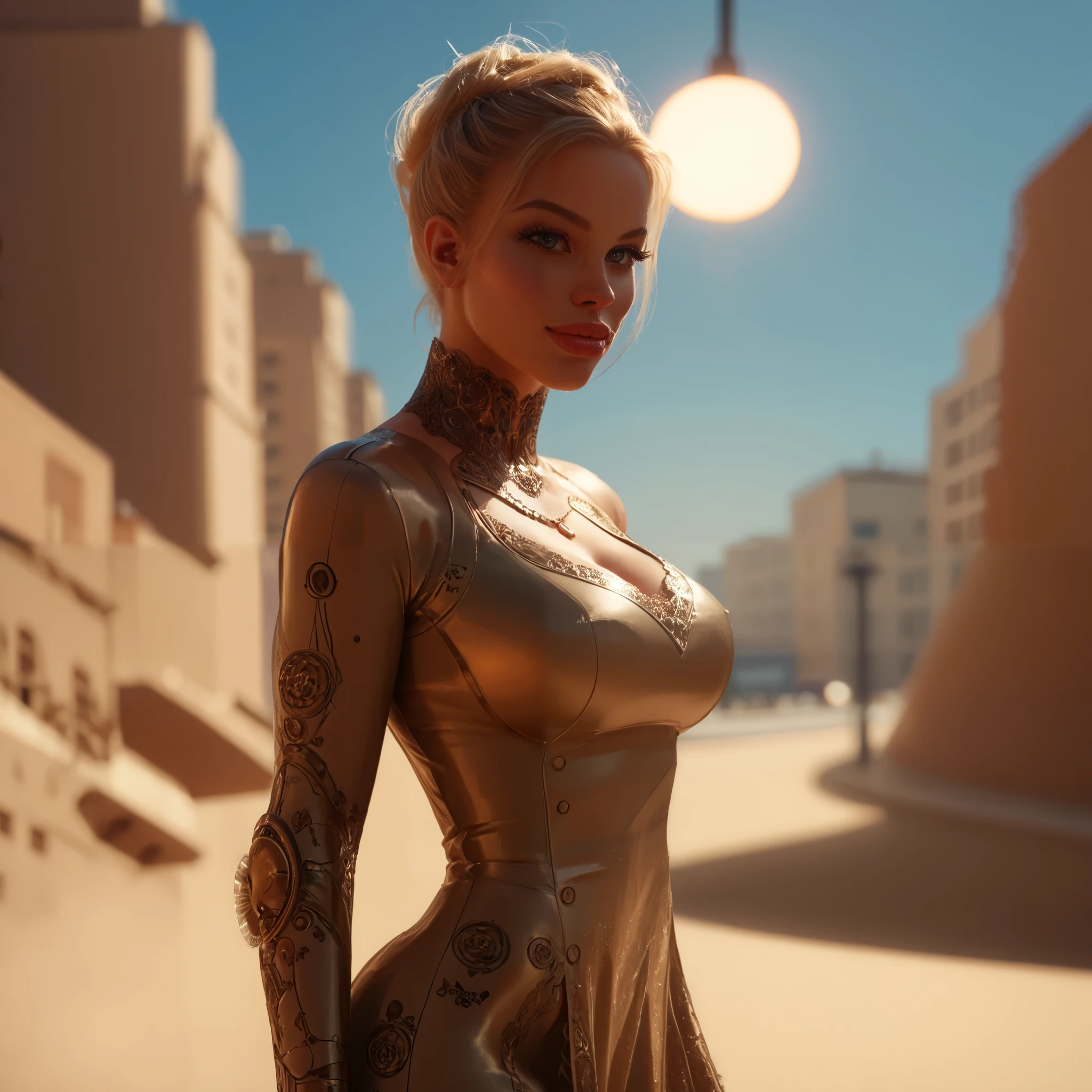 Futuristic Femme Fatale, subject is a unique female character as a stunning secret agent in 2068, beautiful blonde hair, fitted dress, face is illuminated from the side, standing in a futuristic dark neo-industrial cityscape surrounded by neon and street lights, moody, dramatic, mysterious, backlighting, lens flares, face is illuminated
