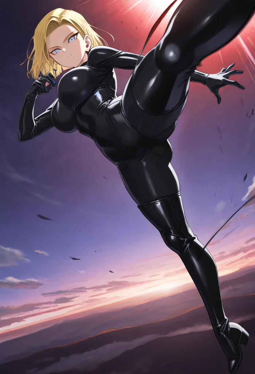one girl , Alone, Android 18, black latex bodysuit , black boots, blck thigh boots、 black tights、evil,  floating, in the sky, general , Masterpiece, top quality, So Aesthetic , anime screen capture , Big Breasts, general , Masterpiece, top quality, So Aesthetic ,kicking, kicking at viewer, dutch angle