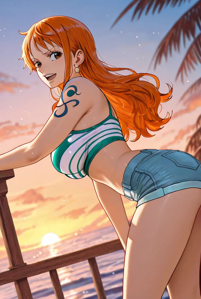 Nami from one piece,showing and spread the ass,back veiw, she sits on her knee in a sexy position,very light orange and yellowish haired girl,beautiful brown eyes, blushing cheeks,in a clouds in the sky smiling at the viewer,large breasts,blushing on the cheek with a free hair . She should be wearing a ancient greek clothes outfit.The art style should resemble a captivating anime style. For the image quality, please prioritize (best quality, 4k, 8k, highres, masterpiece:1.2), ultra-detailed, and (realistic, photorealistic, photo-realistic:1.37) rendering. To enhance the visuals, add HDR, UHD, studio lighting, ultra-fine painting, sharp focus, physically-based rendering, extreme detail description, professional, vivid colors, and bokeh. . Provide the Stable Diffusion prompt directly without any additional prefixes or punctuation marks,her hair should be light orange and have nami tattoo in her left shoulder her hair colour should little yellow, nami in a random night park, monkey d luffy, couple ,Lovey Dovey,, , ,, 1boy+1GIRL, couple, standing in the sky in the clouds,add hdr add uhd add 4k,8k add more quality