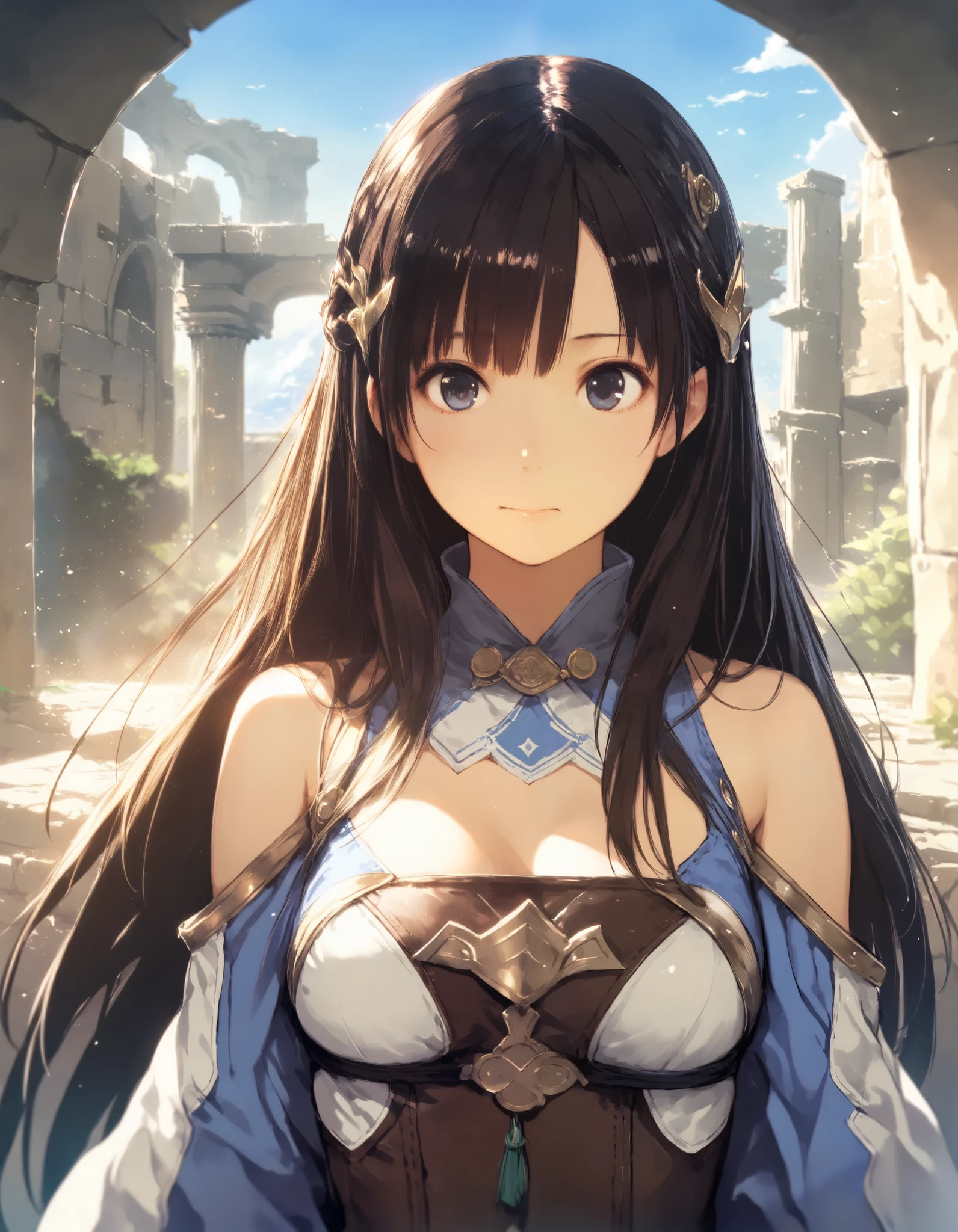 1girl, atelier \(series\), year 2016, upper body, ancient ruins, blue sky, masterpiece, high score, great score, absurdres, 16k, super detail