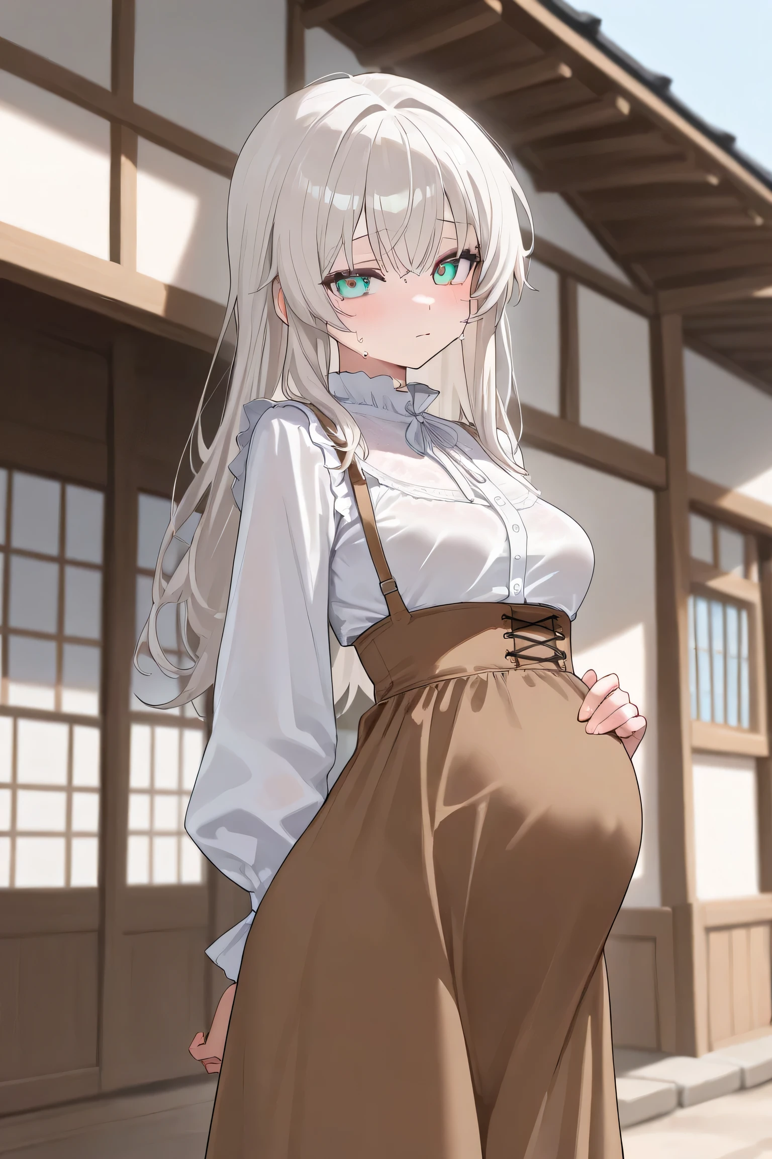 master piece, highest quality, High resolution, KR1, gray eyes, smile, fringe, white shirt, long skirt, small breasts, Long White Hair, cowboy shot,RPG traveler, pregnant