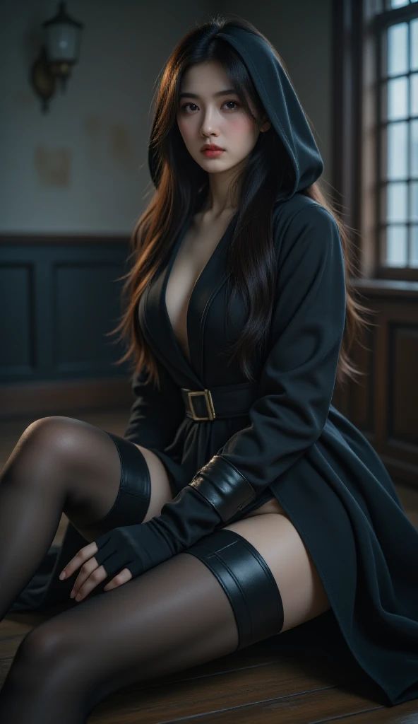 ultra realistic, photography, long black straight hair in a ponytail, elegant hair, (30 years old, hazel eyes, hourglass figure, perfect fit body, natural big breasts), femme fatale, long eyelashes, cat-eye make-up, she is dressed like a NYPD detective, under her trenchcoat her shirt is buttoned up, she has a badge on the trenchcoat, she is wearing elegant pants and high heels, she is at a homicide scene in an apartment, she is kneeling next to puddle of blood on the floor, there is a bloody man laying on the floor in the background, she has a notepad in her hand and is taking notes, she is looking at the notes in her notebook, full body picture, wide angle
