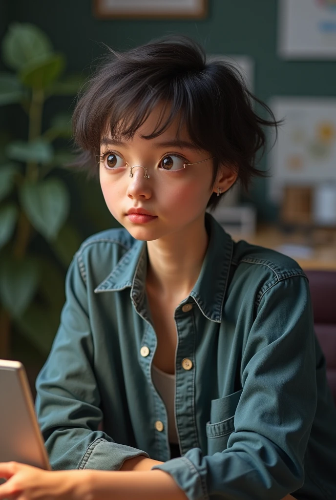 Short-haired girl looks in the mirror and waves her hand