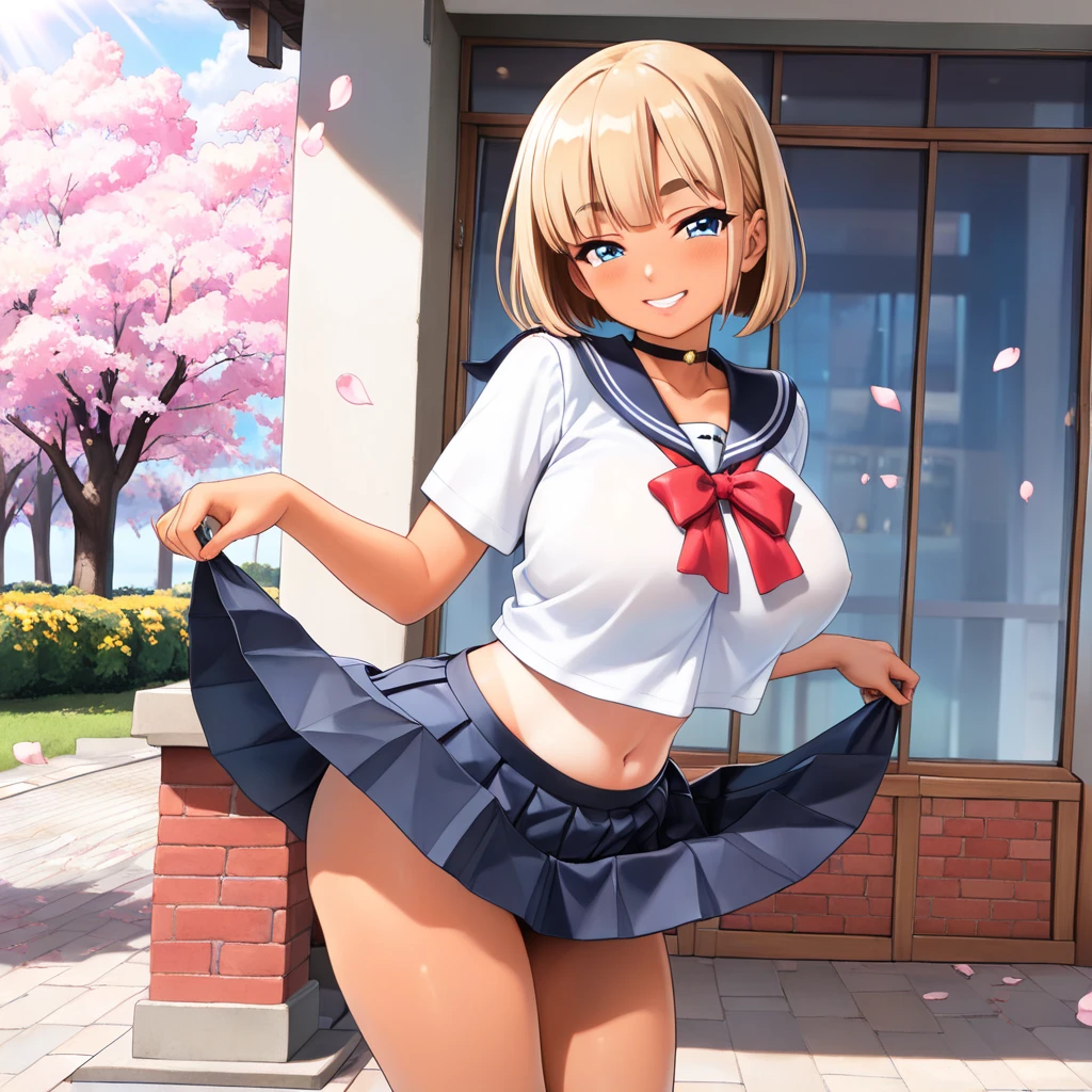 1girl,alone,chisato nishikigi,masterpiece,best quality,high resolution,looking at viewer,detailed,detailed eyes,short hair,dull blonde hair,headband,large breasts,medium waist,wide hips,wide thighs,body curvy, dynamic pose, neckband, collared shirt, lycoris uniform, two-tone dress, red dress, gray dress, long sleeves, red belt, smile, open mouth, position, arms behind the back, looking back , from behind, focus on ass,pov(from below),standing outdoors, cherry blossoms,