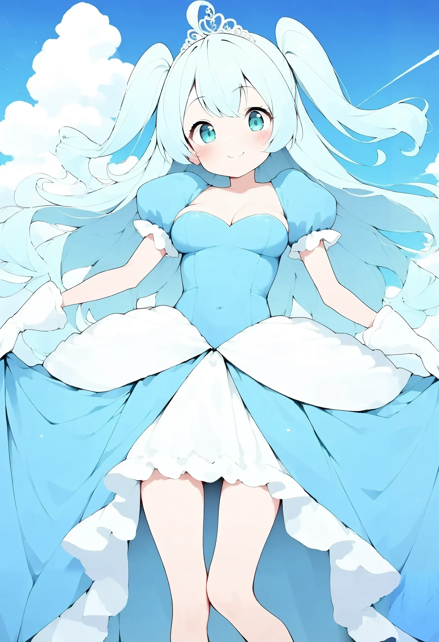 {{{Richil}}}, 1girl, long hair, two side up, ahoge, light blue hair, aqua eyes, fair skin, skinny, slim legs, petite, (medium breasts), large breasts, {{{smile}}}, {{{solo}}}, (masterpiece:1.2), (best quality:1.2), (high quality:1.2), (accurate), {{{princess costume}}}, {{{{{puff sleeve}}}}}, {{{princess}}}, {{{frilled dress}}}, {{{cinderella (cosplay)}}}, {{{short sleeves}}}, {{{cinderella}}}, star princess, {{{blue dress}}}, {{{tiara}}}, {{{}}}, blue puff sleeve, {{{peace sign}}}, princess gloves, white princess gloves, short sleeves, long skirt, (((beautiful finger))), 