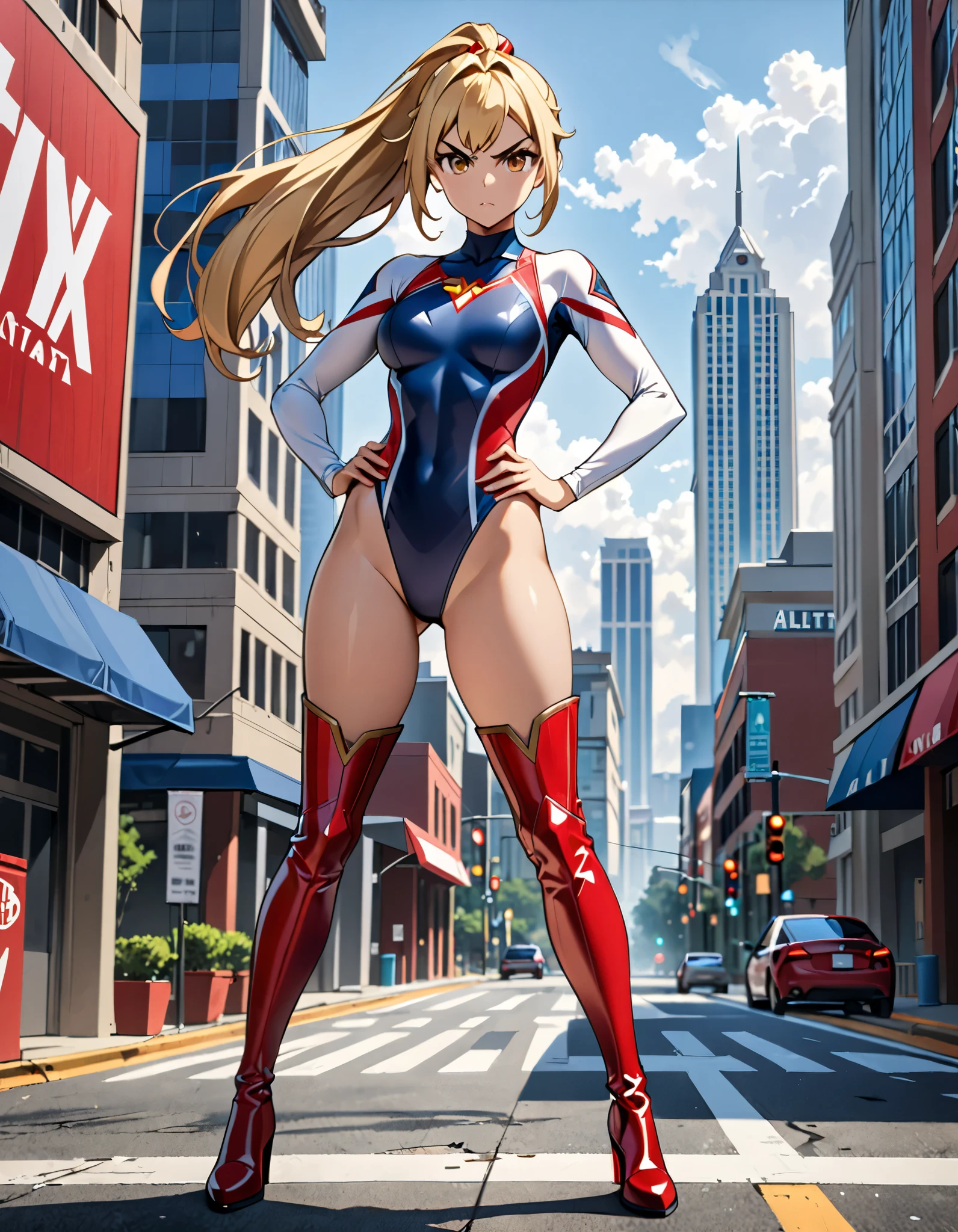 masterpiece, best quality, 1girl, female, superhero, leotard, bare legs, boots, matching boots, medium breasts, light particles, wind particles, aura, stand, standing, highleg, twirl, spin, tornado, tornado twirl, tornado spin, whirlwind, wind particles, city backdrop, time travel, solo,