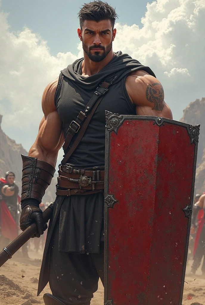 "Manchester United player Manuel Ugarte is holding a themed war shield, with blood and swords, like a warrior."