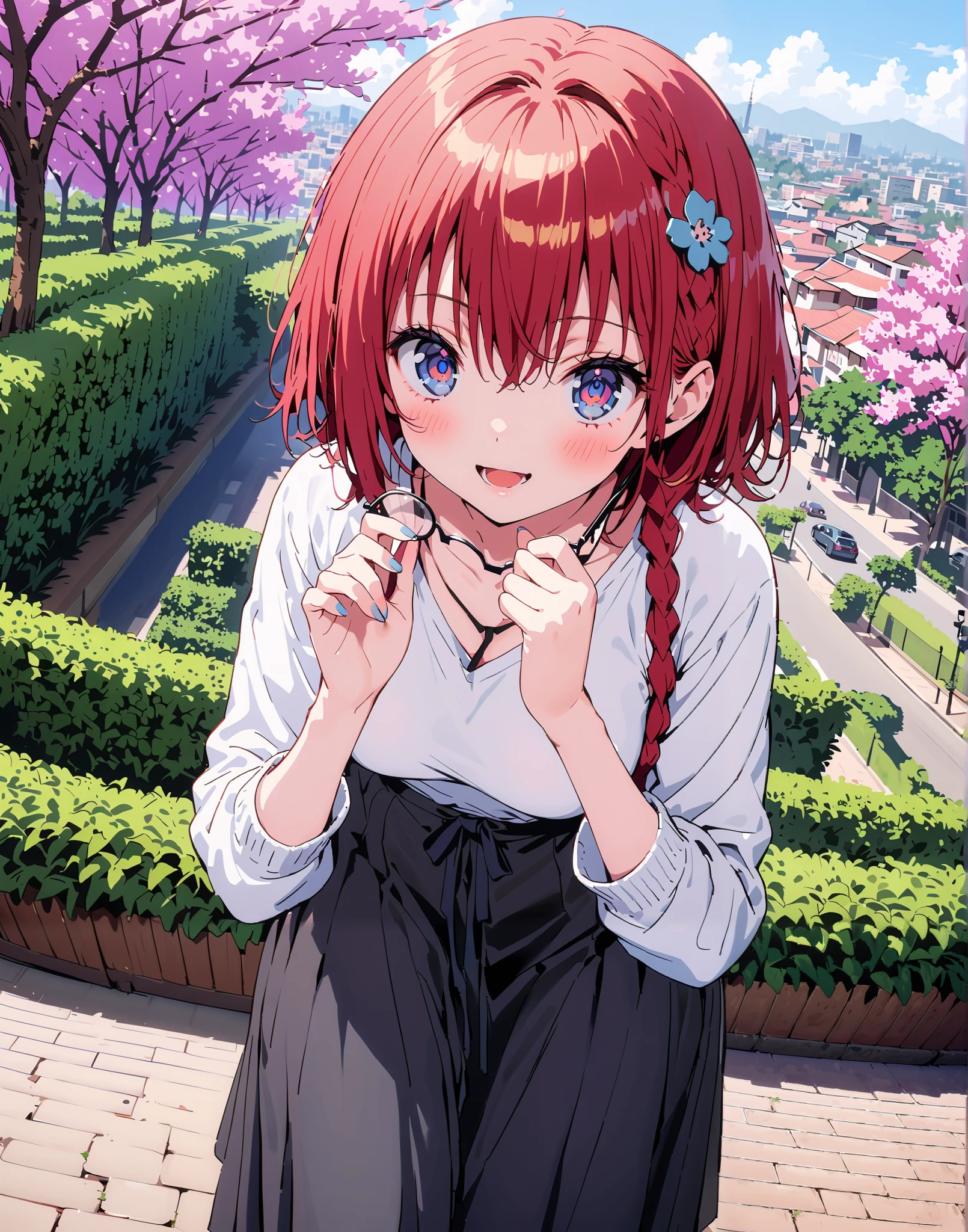 Kurosaki's thing , Alone,stupid hair, blue eyes, knitting glasses, hair intake, sngle braid,HAIR ACCESSORY, red hair, hair knitting glasses, smile,blush,open your mouth,Medium breast, oversized v neck sweater long sleeve,long skirt,short boots, bench,Beautiful cityscape,cherry blossoms,standing,full bodyがイラストに入るように,
break outdoors,garden,
break looking at viewer,full body,
break (masterpiece:1.2),Best Quality , kampala, Unity 8K Wallpaper ,(shape:0.8),( fine, beautiful eyes :1.6),It's a person ,full body写真,CG Details , (perfect hands, complete anatomy),