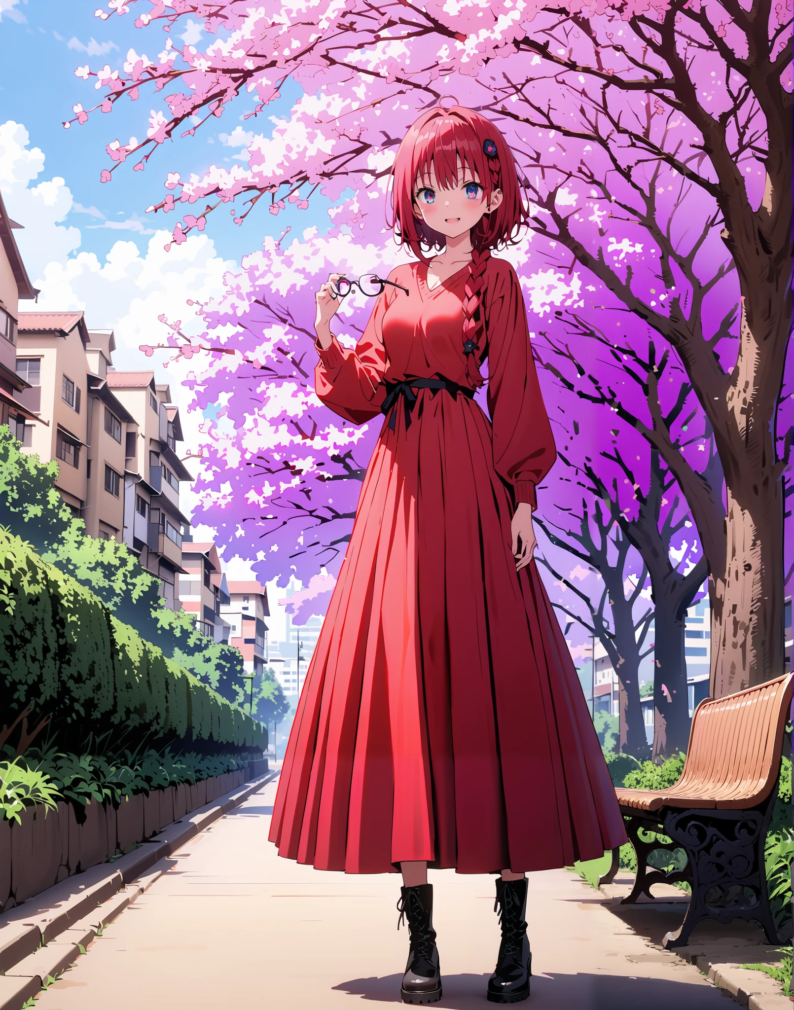 Kurosaki's thing , Alone,stupid hair, blue eyes, knitting glasses, hair intake, sngle braid,HAIR ACCESSORY, red hair, hair knitting glasses, smile,blush,open your mouth,Medium breast, oversized v neck sweater long sleeve,long skirt,short boots, bench,Beautiful cityscape,cherry blossoms,standing,full bodyがイラストに入るように,                               
 break outdoors,garden,
break looking at viewer,full body,
break (masterpiece:1.2),Best Quality , kampala, Unity 8K Wallpaper ,(shape:0.8),(  fine, beautiful eyes  :1.6),It's a person ,full body写真,CG Details , (perfect hands, complete anatomy),
