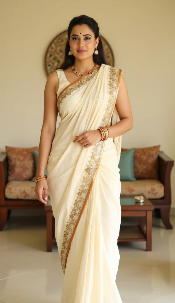 Indian woman wearing wearing (onam saree), (young woman), 25 years old, (curvy figure:1.3), (eyeglasses), (bindi), An Indian beauty, charismatic, light Indian- skin, view the viewer, naughty smile, luxurious villa in background, both eyes are the same, full-body shot, hd, 2k, 4k , 8k,
