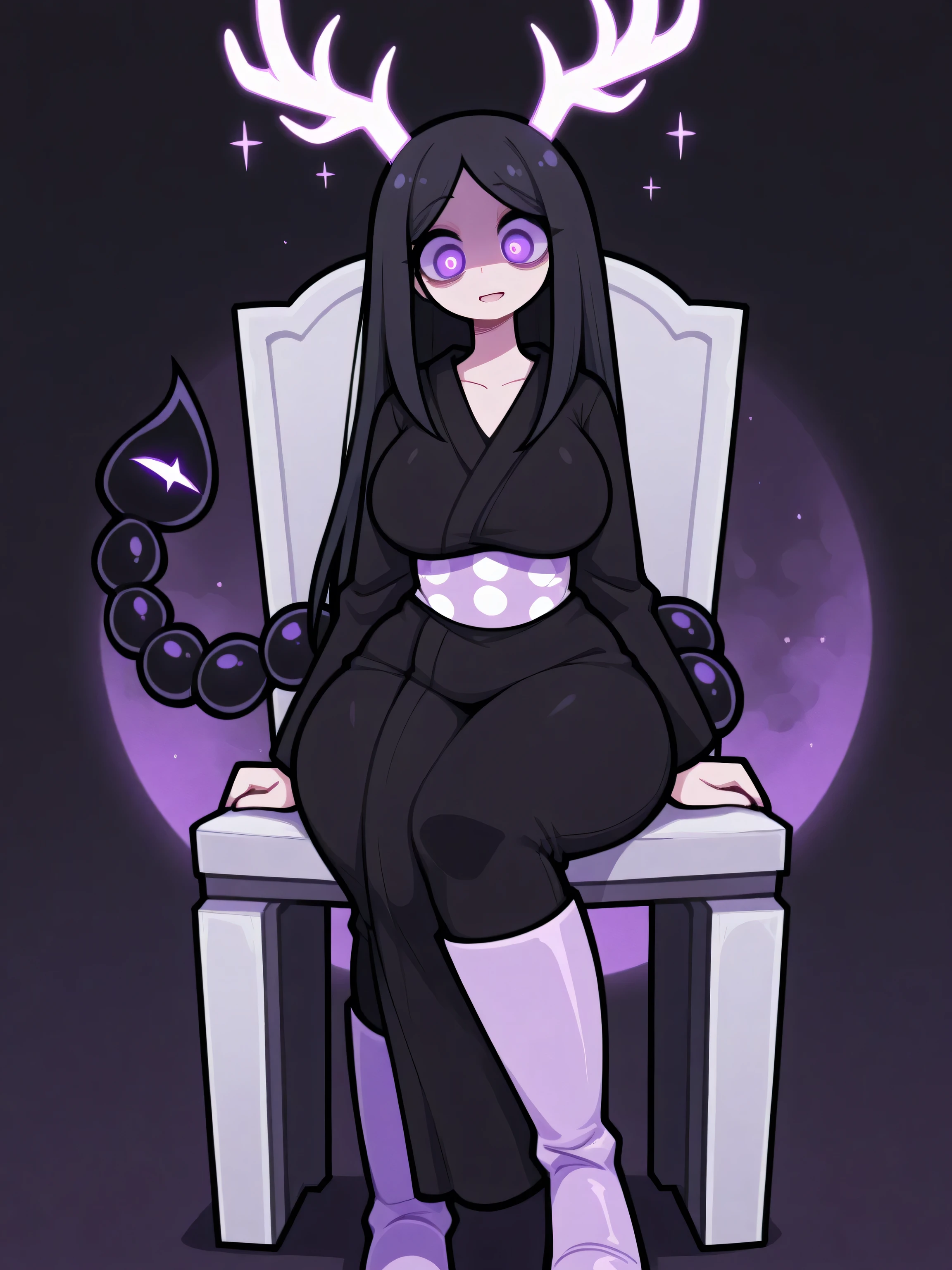 black hair, wide hips, neutral face, sitting on a chair, chubby, tall woman, very large breasts, tall, large, a long black hair, a black kimono with a blue circle made of stars to the left of the chest, two purple eyes with cat pupils that glow in the darkness, a metallic scorpion tail with a large stinger at the end, long black pants, light purple high boots and two black deer antlers on the head, (masterpiece), best quality, expressive eyes, perfect face,