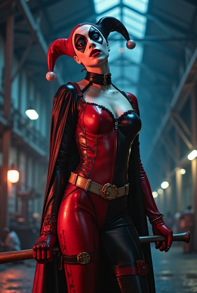 Villain Harley Quinn, long colored hair, Smeared makeup, tight costume, fur jacket, Buckle Belt, exteriors, night city, snowing, Lantern light, higly detailed, Realistic full-length photo