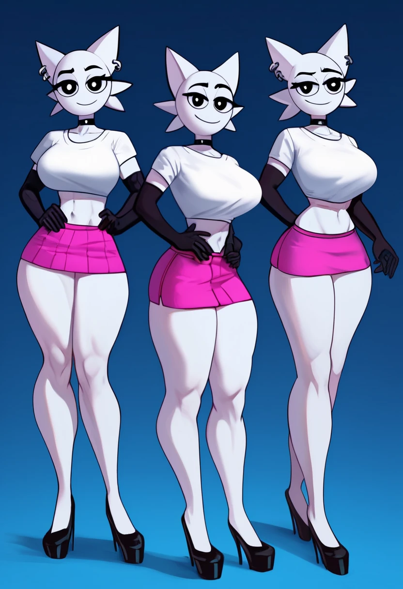 NSFW, eclipsebutt, 1 girl, Alone, dakimakura,old, looking at the viewer, full body view, blush, SMILE, short hair, gloves, has, dress, green fur, medium hair, grandes old, aquamarine hair, make up, thick thighs, feathers, lipstick, dress modaro, curves, Wide hips, purple background, mature woman, gloves morados, has feathers, gloves grises, clown