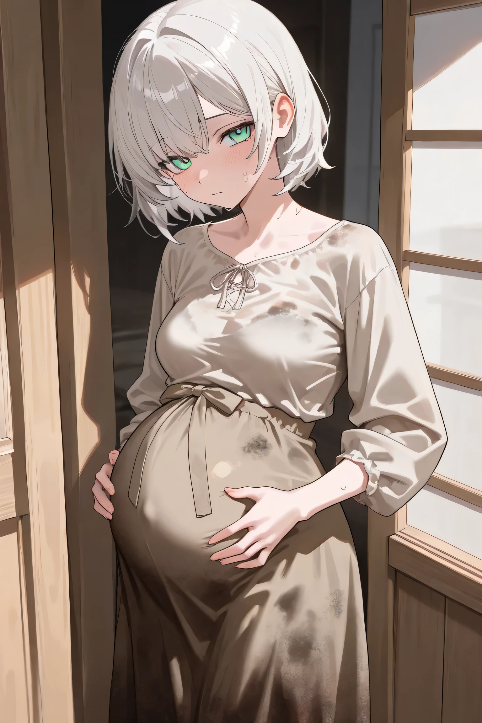 A pregnant girl with short white hair in a bun and purple eyes wearing a sleeveless lace frock and stockings.she is blushing and holding her belly