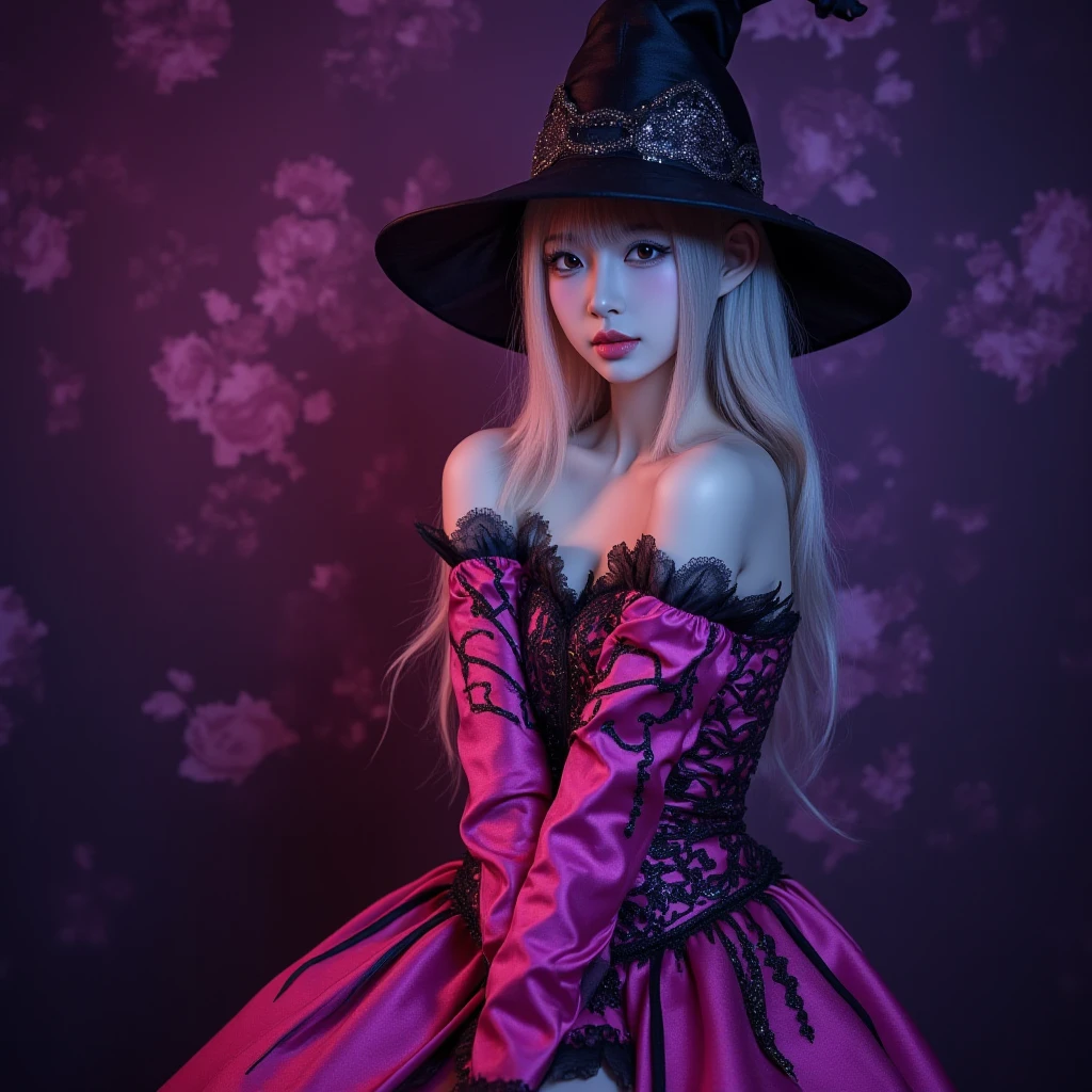 A beautiful Thai model with long pink-to-soft pink gradient hair wearing a black and orange witch costume holds a crystal ball in her right hand that emits a pink to yellow aura. His right hand holds a pumpkin head lantern. pumpkin lantern Standing in the middle of the scene, his hair was long, pink to purple. Halloween themed background with Halloween Haunted castle the atmosphere is exciting and thrilling. Detailed cover art style There are pink-purple crystal birds flying around, official pos