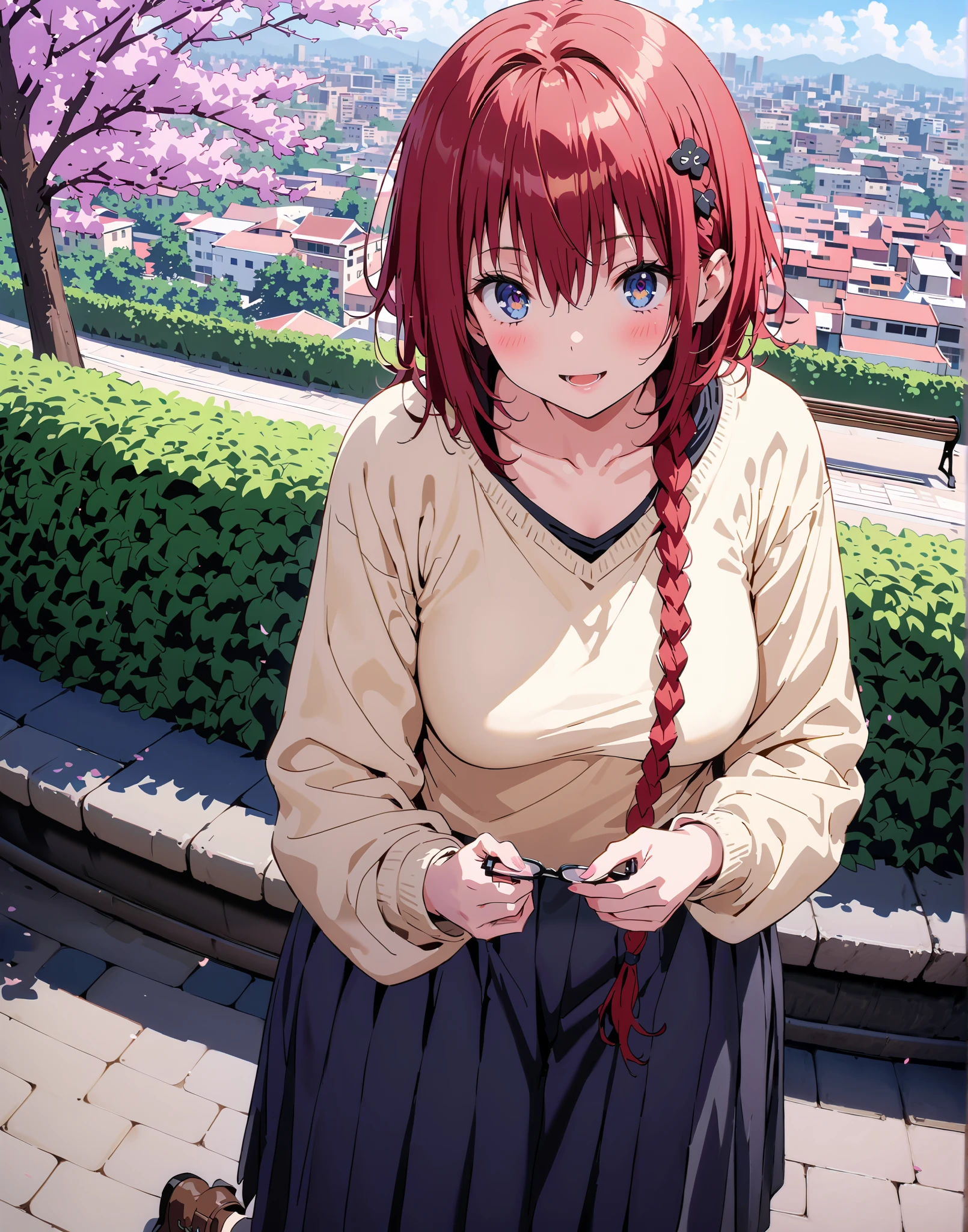Kurosaki's thing , Alone,stupid hair, blue eyes, knitting glasses, hair intake, sngle braid,HAIR ACCESSORY, red hair, hair knitting glasses, smile,blush,open your mouth,Medium breast, oversized v neck sweater long sleeve,long skirt,short boots, bench,Beautiful cityscape,cherry blossoms,standing,full bodyがイラストに入るように,
break outdoors,garden,
break looking at viewer,full body,
break (masterpiece:1.2),Best Quality , kampala, Unity 8K Wallpaper ,(shape:0.8),( fine, beautiful eyes :1.6),It's a person ,full body写真,CG Details , (perfect hands, complete anatomy),