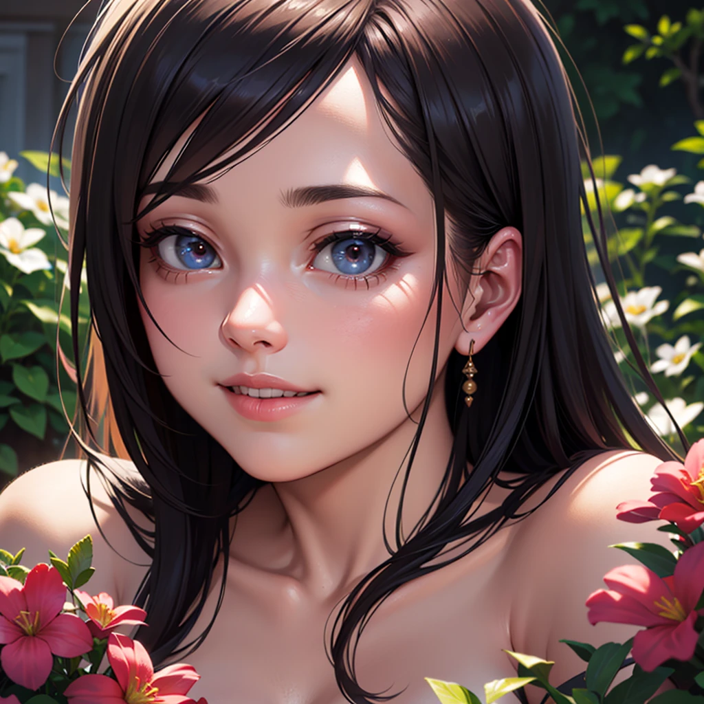 (8k,highres,masterpiece:1.2),extremely detailed eyes and face,longeyelashes,beautiful detailed lips,1girl,nude,portrait,realistic skin texture,vivid colors,lush green garden,soft sunlight,serene atmosphere,delicate flowers,green grass,morning dew,whispering breeze,gentle pose,graceful figure,happiness,confidence,sophistication,warmth