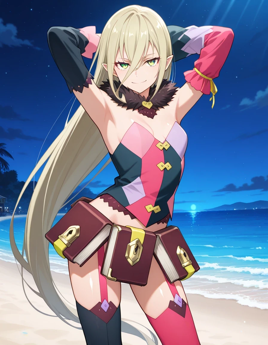 M4gil0u, green eyes, pointy ears, blonde hair, very long hair, hair between eyes, fur collar, multicolored vest, strapless, detached sleeves, mismatched sleeves, book skirt, asymmetrical legwear, thighhighs, garter straps, anime screenshot, shiny skin, high quality, solo, night sky, beach, hands behind head, ((contrapposto)), closed mouth, cowboy shot, looking at viewer, smile, best quality