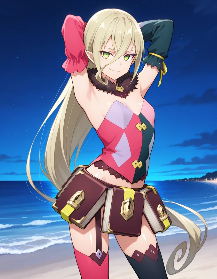 M4gil0u, green eyes, pointy ears, blonde hair, very long hair, hair between eyes, fur collar, multicolored vest, strapless, detached sleeves, mismatched sleeves, book skirt, asymmetrical legwear, thighhighs, garter straps, anime screenshot, shiny skin, high quality, solo, night sky, beach, hands behind head, ((contrapposto)), closed mouth, cowboy shot, looking at viewer, smile, best quality