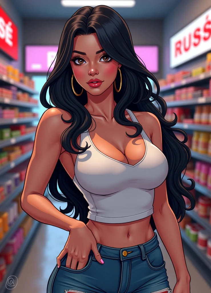 (gigantic breast:1.2) deep ((Best quality, 8k, Masterpiece :1.3)), award winning, best quality, highres, 1080P, HD, 16k, big tits , round tits, deep cleavage, open cleavage, cleavage, (tan skin:1.2), 1 girl with perfect figure, super fine face and eyes, long hair, tank top: 1.2 in random colors, short jeans, in a ice cream shop, ice cream in hand, big breasts, exposed cleavage,