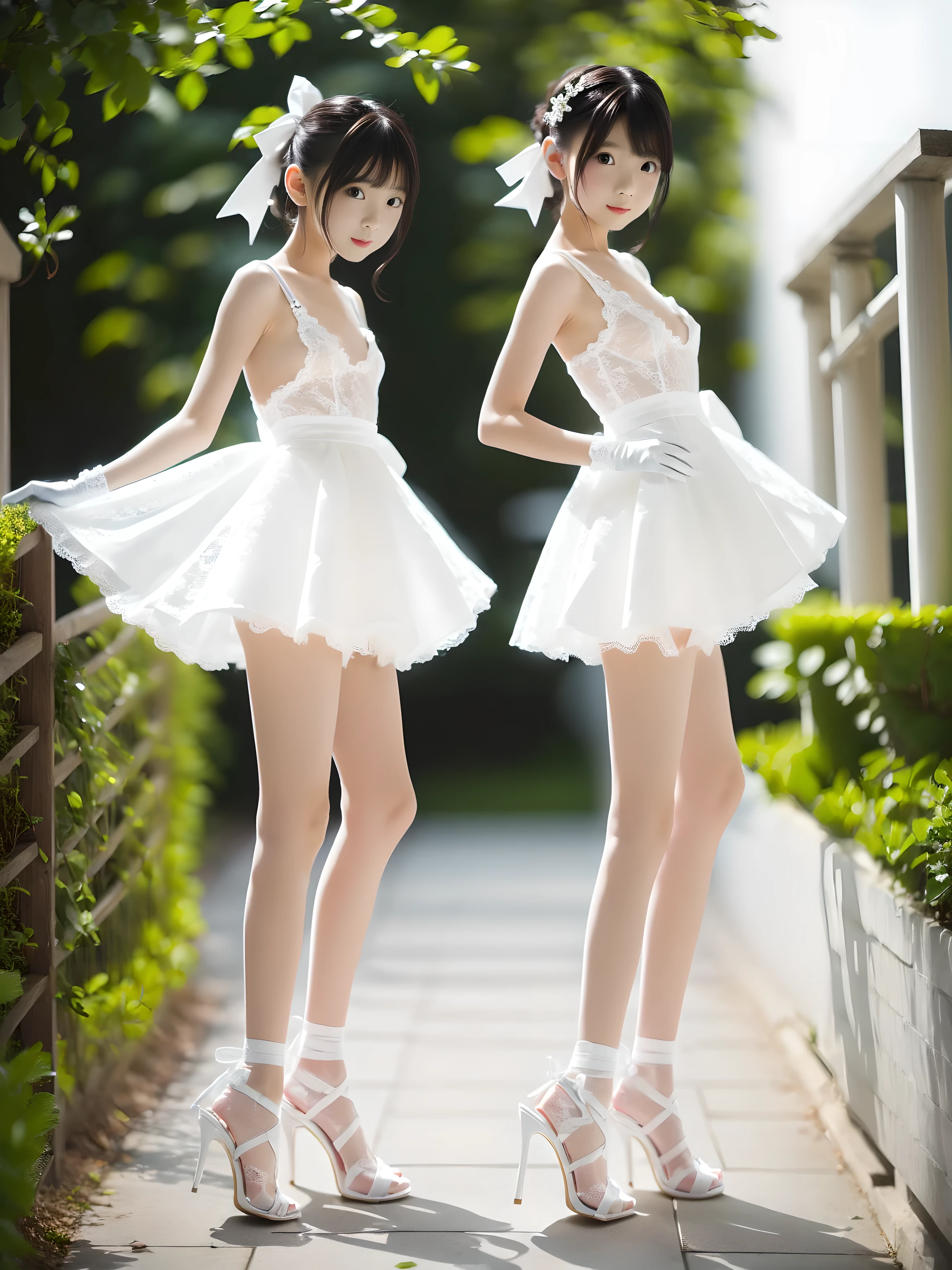 (((Full body portrait:1.5))),(A three-person idol group dressed in pure white outfits),(very cute petite Japanese girls with a slender body and a baby face),(Short stature and skinny body),(short limbs),(extremely cute girls),(very short pure white lace miniskirt),(small breasts:1.5),(white underwear),(thin thighs),(hands behind back),(Frightened face),(open mouth vertically),(drunk),(Voyeur from the side),(facing forward),white hair ribbon,white lace gloves,white stiletto heels,own home,Ultra high definition,Highest quality,high resolution,Extremely detailed depiction,super detailed skin