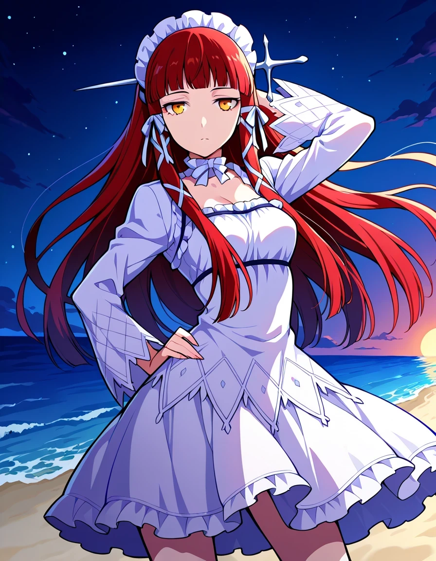 p3chidori, yellow eyes, red hair, long hair, blunt bangs, headdress, hair tubes, hair ribbon, choker, ribbon choker, dress, white dress, long sleeve dress, long sleeves, ta fashion, gothic lolifrills, shiny skin, high quality, solo, night sky, beach, hand behind head, hand on hip, ((contrapposto)), closed mouth, cowboy shot, looking at viewer, expressionless, best quality