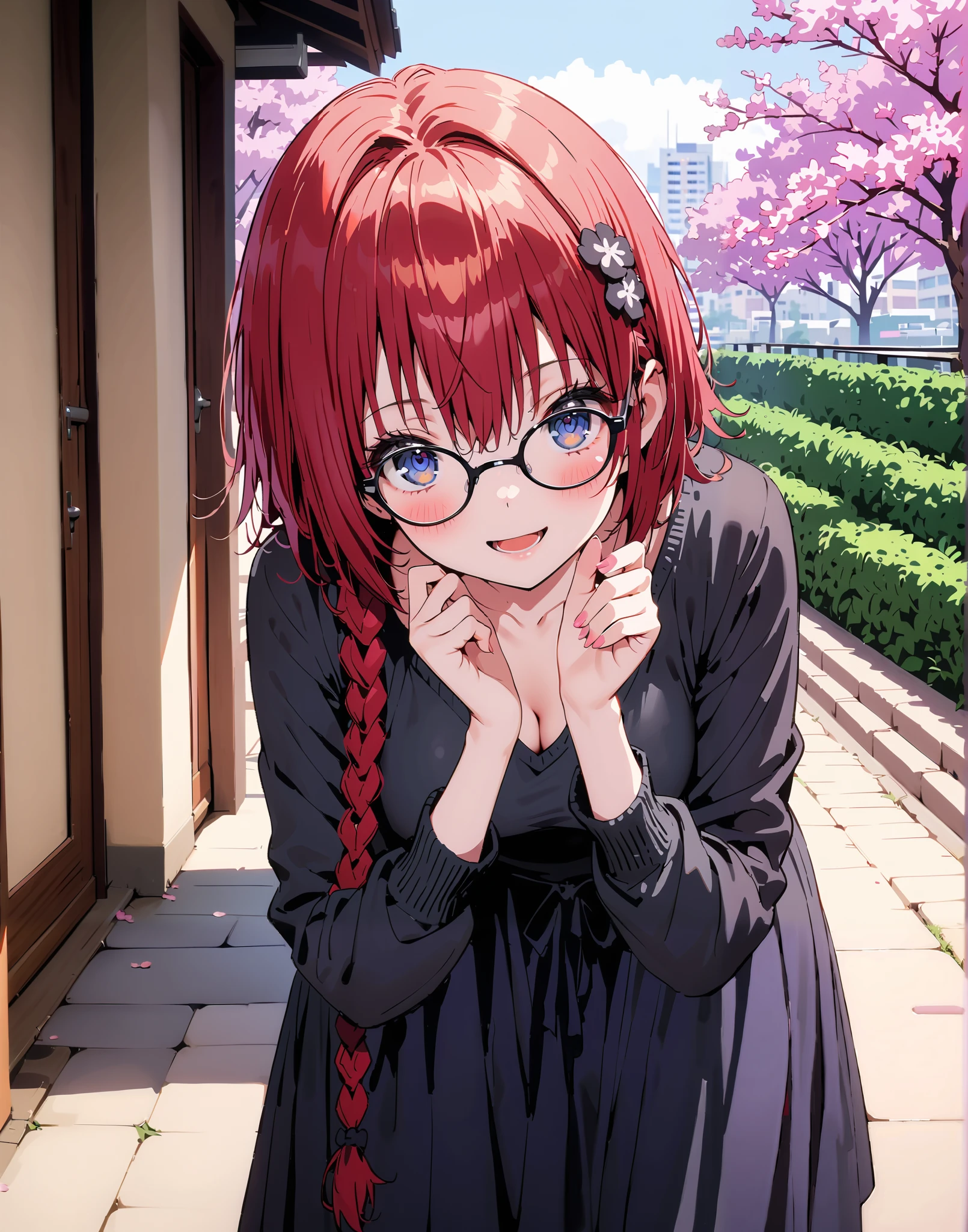 Kurosaki's thing , Alone,stupid hair, blue eyes, knitting glasses, hair intake, sngle braid,HAIR ACCESSORY, red hair, hair knitting glasses, smile,blush,open your mouth,Medium breast, oversized v neck sweater long sleeve,long skirt,short boots, bench,Beautiful cityscape,cherry blossoms,standing,full bodyがイラストに入るように,
break outdoors,garden,
break looking at viewer,full body,
break (masterpiece:1.2),Best Quality , kampala, Unity 8K Wallpaper ,(shape:0.8),( fine, beautiful eyes :1.6),It's a person ,full body写真,CG Details , (perfect hands, complete anatomy),
