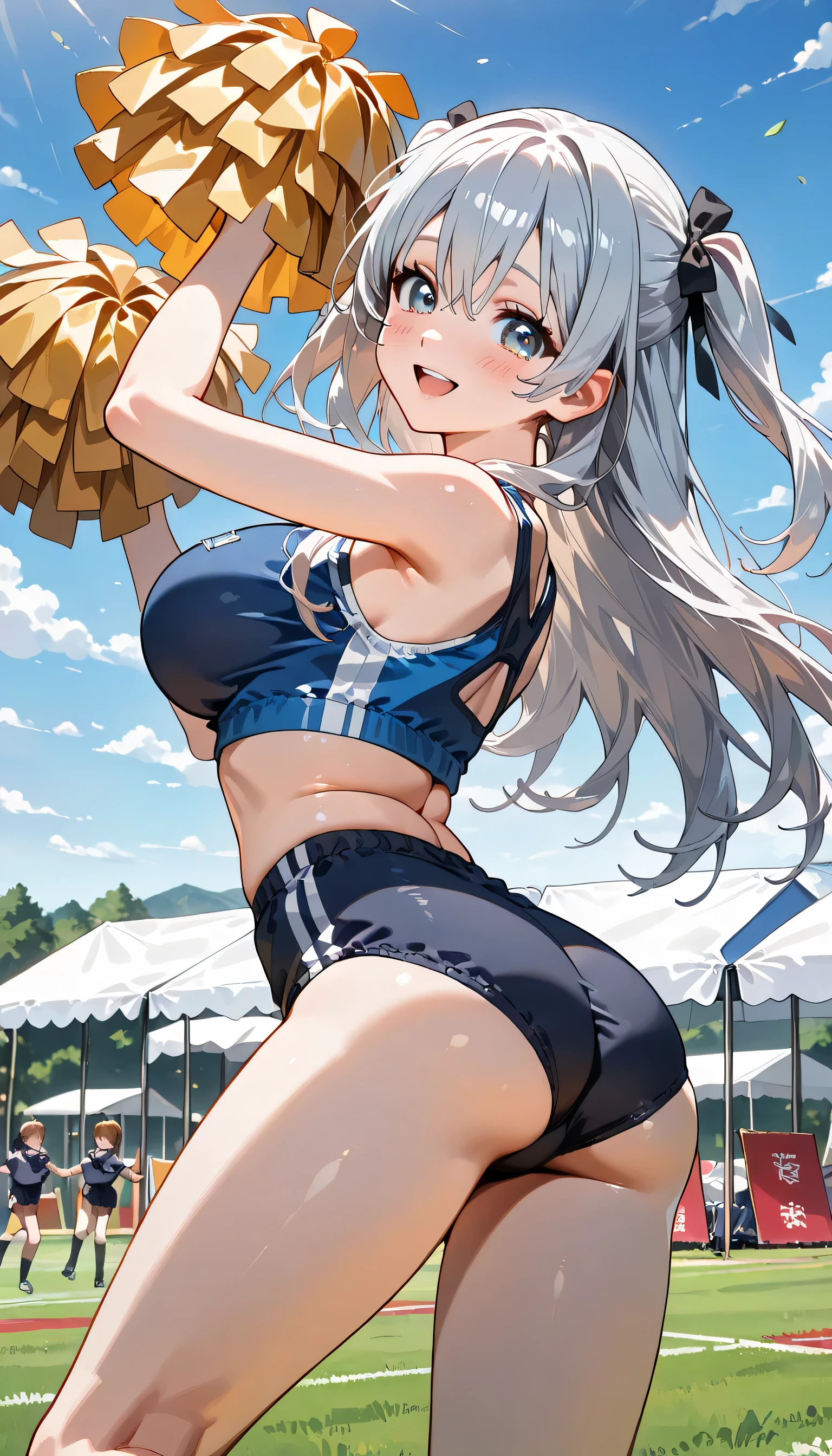 ((ultra-detailed)), (highly detailed CG illustration), (best quality:1.2), ultra-highly detailed, colorful composition, artistic photoshoot, 1girl, solo focus, ((thigh to top:1.4)), ((cowboy shot:1.4)), moe anime character,  girl, dainty facial structure, (bab(round face), ((rounded chin:1.2)), ((ideal ratio body proportions)), celia-default, celia claire, (blue eyes), silver hair color, two side up, (hair ribbon with red), ((hair is swaying in the wind)), ample breasts, ((white gymnastics uniform with navy blue rim)), ((navy blue school gym buruma:1.4)), ((smile:1.5)), ((happy:1.4)), ((joyful:1.4)), ((blush:1.4)), ((dancing:1.4)), ((cheer dance)), ((holding poms in both hands)), girls dancing, ((dancing on the sports field into school:1.4)), ((event tents lined up around the sports field)), ((girls in gymnastics uniforms cheering under event tent)), ((school Athletic Festival)), sports day flag, ((outdoor:1.4)), ((daytime)), ((beautiful detailed sky:1.4)), from behind, dynamic pose, contrapposto pose, best quality, expecting, pink cheek, blush, light pink gloss slip, portrait, depth of field, ((sparkling sunlight:1.4)), lighting, backlighting, (shine), lighting, caustics, ray tracing, perfect face, lustrous skin, highly detailed face, highly detailed eyes, perfect face, perfect nose, perfect hair, perfect eyes, perfect anatomy, beautiful hair, beautiful small face, extremely detailed face, beautiful detailed eyes, beautiful clavicle, beautiful body, beautiful huge breasts, leavage, breasts squeezed together, equalize the size of the left and right breasts, beautiful thin thighs, beautiful legs, beautiful fingers, ((4 fingers)), 1 thumb, lovely, (very detailed background:1.0), (highly detailed background:1.0), summer aesthetic, intricate details, festival atmosphere, summer colors palette, chromatic aberration