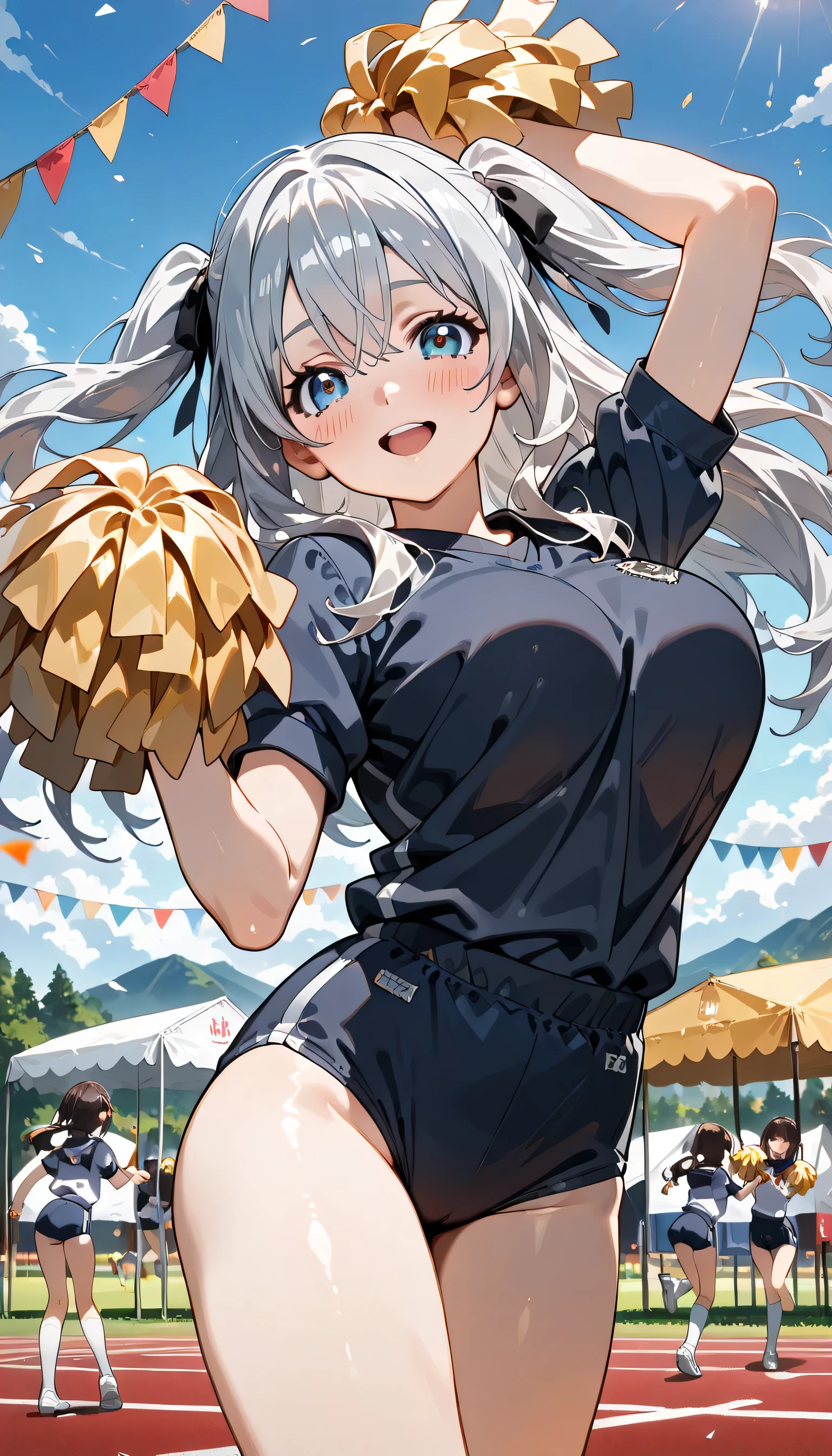 ((ultra-detailed)), (highly detailed CG illustration), (best quality:1.2), ultra-highly detailed, colorful composition, artistic photoshoot, 1girl, solo focus, ((thigh to top:1.4)), ((cowboy shot:1.4)), moe anime character, girl, dainty facial structure, (bab(round face), ((rounded chin:1.2)), ((ideal ratio body proportions)), celia-default, celia claire, (blue eyes), silver hair color, two side up, (hair ribbon with red), ((hair is swaying in the wind)), ample breasts, ((white gymnastics uniform with navy blue rim)), ((navy blue school gym buruma:1.4)), ((smile:1.5)), ((happy:1.4)), ((joyful:1.4)), ((blush:1.4)), ((dancing:1.4)), ((cheer dance)), ((holding poms in both hands)), girls dancing, ((dancing on the sports field into school:1.4)), ((event tents lined up around the sports field)), ((girls in gymnastics uniforms cheering under event tent)), ((school Athletic Festival)), sports day flag, ((outdoor:1.4)), ((daytime)), ((beautiful detailed sky:1.4)), from behind, dynamic pose, contrapposto pose, best quality, expecting, pink cheek, blush, light pink gloss slip, portrait, depth of field, ((sparkling sunlight:1.4)), lighting, backlighting, (shine), lighting, caustics, ray tracing, perfect face, lustrous skin, highly detailed face, highly detailed eyes, perfect face, perfect nose, perfect hair, perfect eyes, perfect anatomy, beautiful hair, beautiful small face, extremely detailed face, beautiful detailed eyes, beautiful clavicle, beautiful body, beautiful huge breasts, leavage, breasts squeezed together, equalize the size of the left and right breasts, beautiful thin thighs, beautiful legs, beautiful fingers, ((4 fingers)), 1 thumb, lovely, (very detailed background:1.0), (highly detailed background:1.0), summer aesthetic, intricate details, festival atmosphere, summer colors palette, chromatic aberration