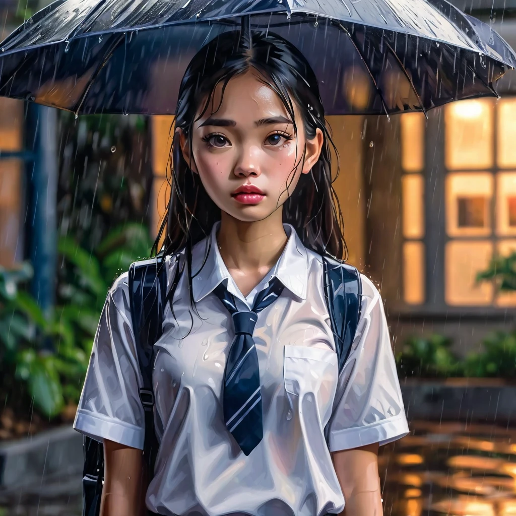 there is a woman with gigantic breast in a school uniform standing in the rain, wet shirt, see through, black bra, pretty girl standing in the rain, after rain and no girls, raining, girl wearing uniform, in the rain, thai girl, raining award winning photo, school girl, just after rain, raining!, at evening during rain, wet from rain, rainy wet, raining portrait, beautiful and smiling, masterpiece, best quality:1.2),,(8k,highres,RAW photo,realistic,photo-realistic:1.3),(detailed skin texture,detailed cloth texture,beautiful detailed face:1.25),professional lighting,photon mapping,beautiful soft light,radiosity,physically-based rendering,raytracing, model shoot style, model shoot style, (extremely detailed CG unity 8k wallpaper), full shot body photo of the most beautiful artwork in the world,