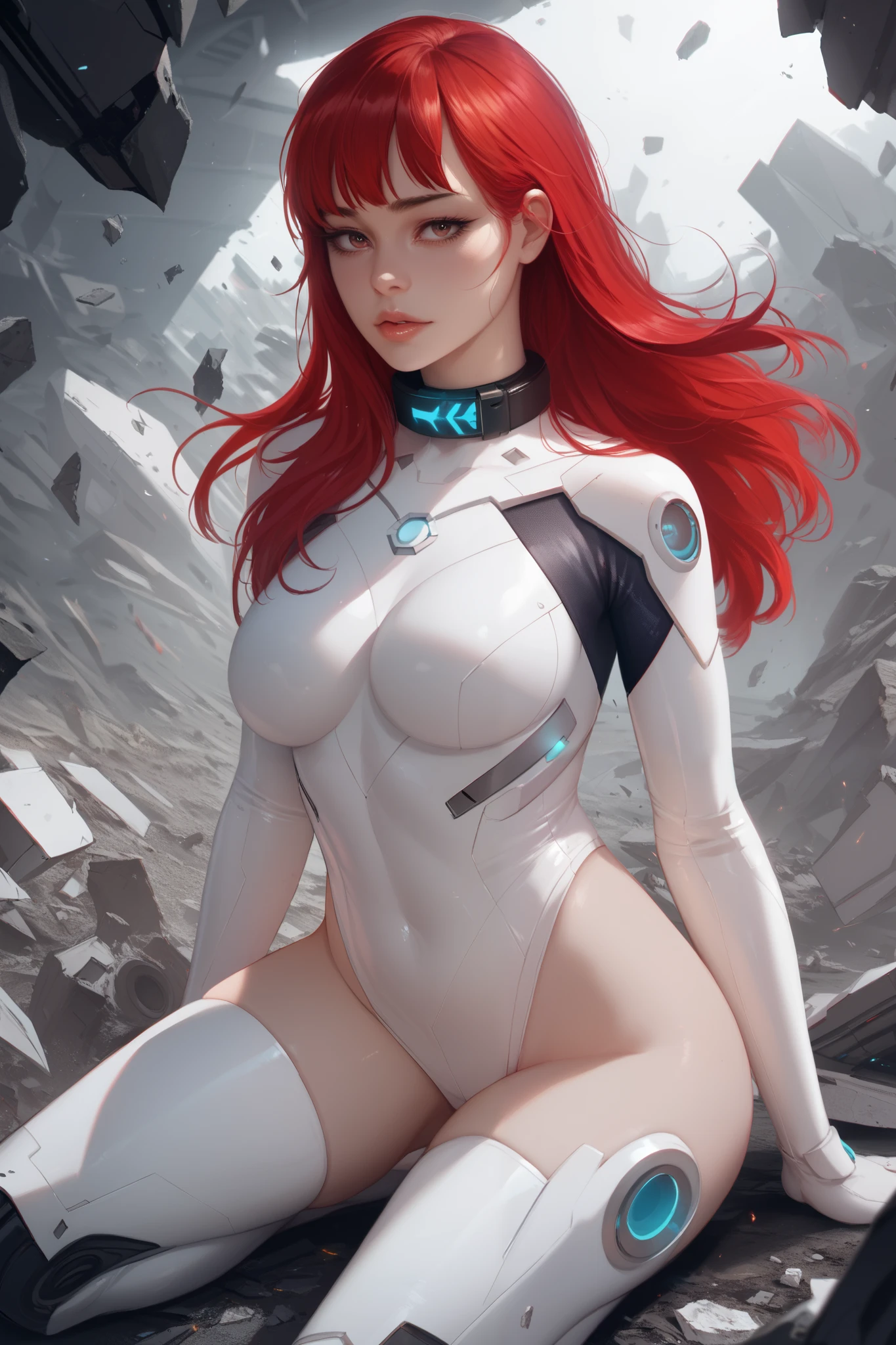 1 girl, long red hair, bangs, white thong bodysuit, electronic collar, kneeling, debris