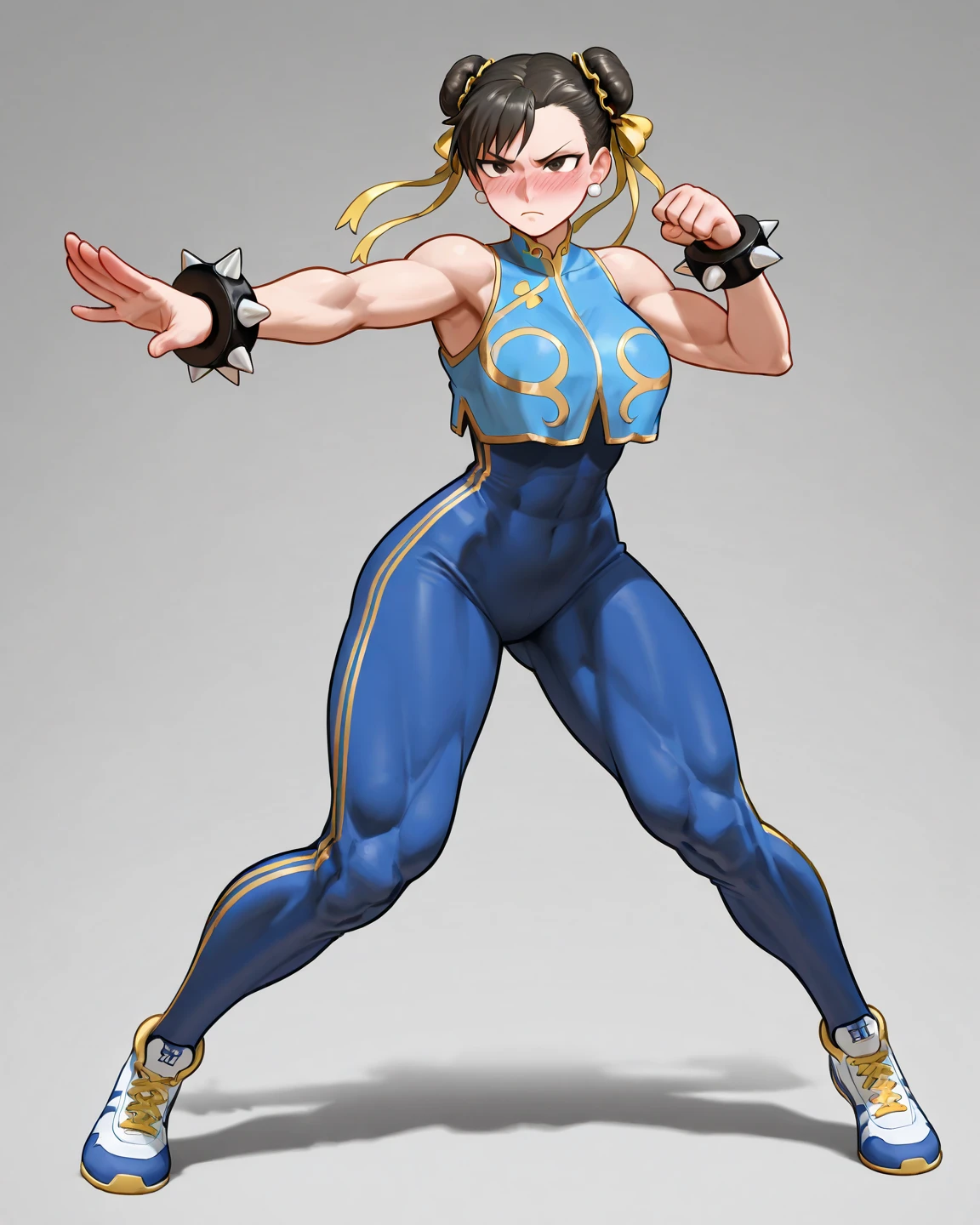 masterpiece, Highest quality, Perfect Face, Perfect brown eyes with white sclera, Bad move 5, alone, One girl, Kick, Combat Stance, Brown Hair, sneakers, Double Bang, Yellow ribbon, Muscular woman, Unitard, Blue Vest, Blue pants, Bare shoulders, Covered Abs, Standing naked