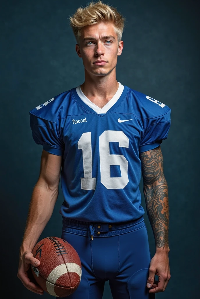 Young white women American football player , 17 years old, punk haircut, black hair, intense blue eyes, intense gaze, affiliated features, no facial hair, height 1.88, weight 90 kg, muscular build, broad shoulders, V-shaped body, tattoos, full body focus, completely hairless,